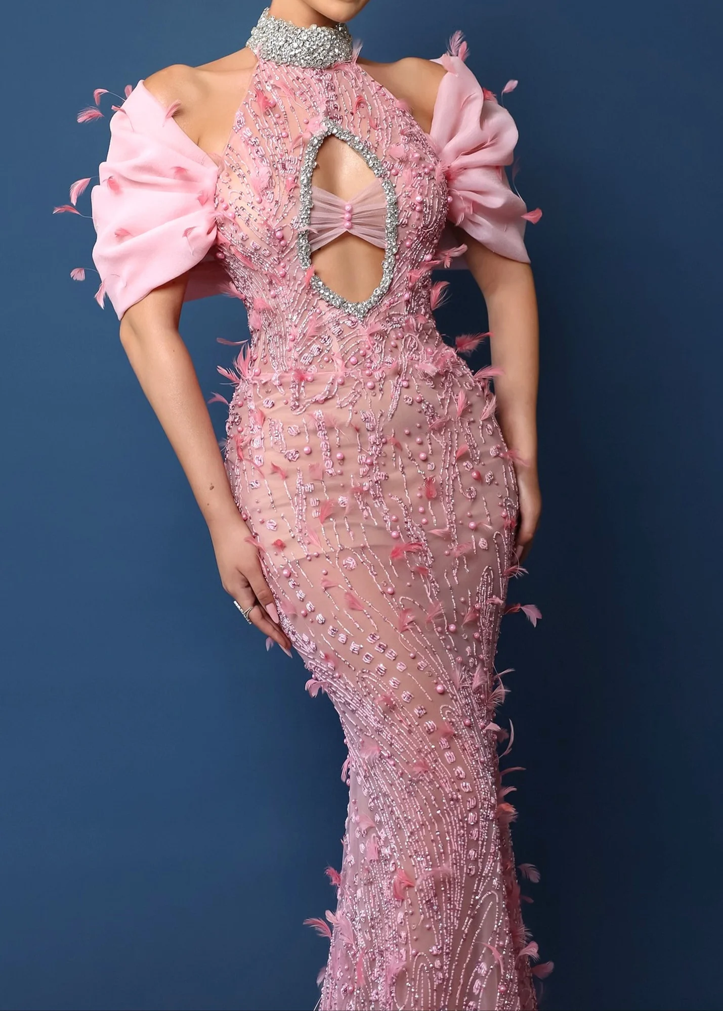Pink Sequin Feather Halter Maxi Dress - Elegant Rhinestone Embellished