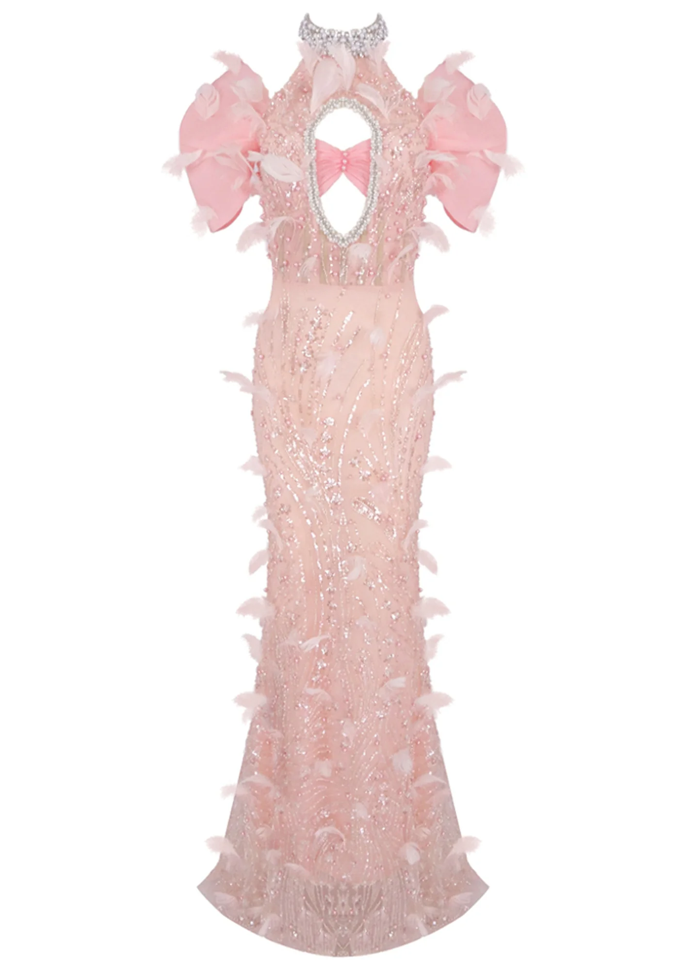 Pink Sequin Feather Halter Maxi Dress - Elegant Rhinestone Embellished