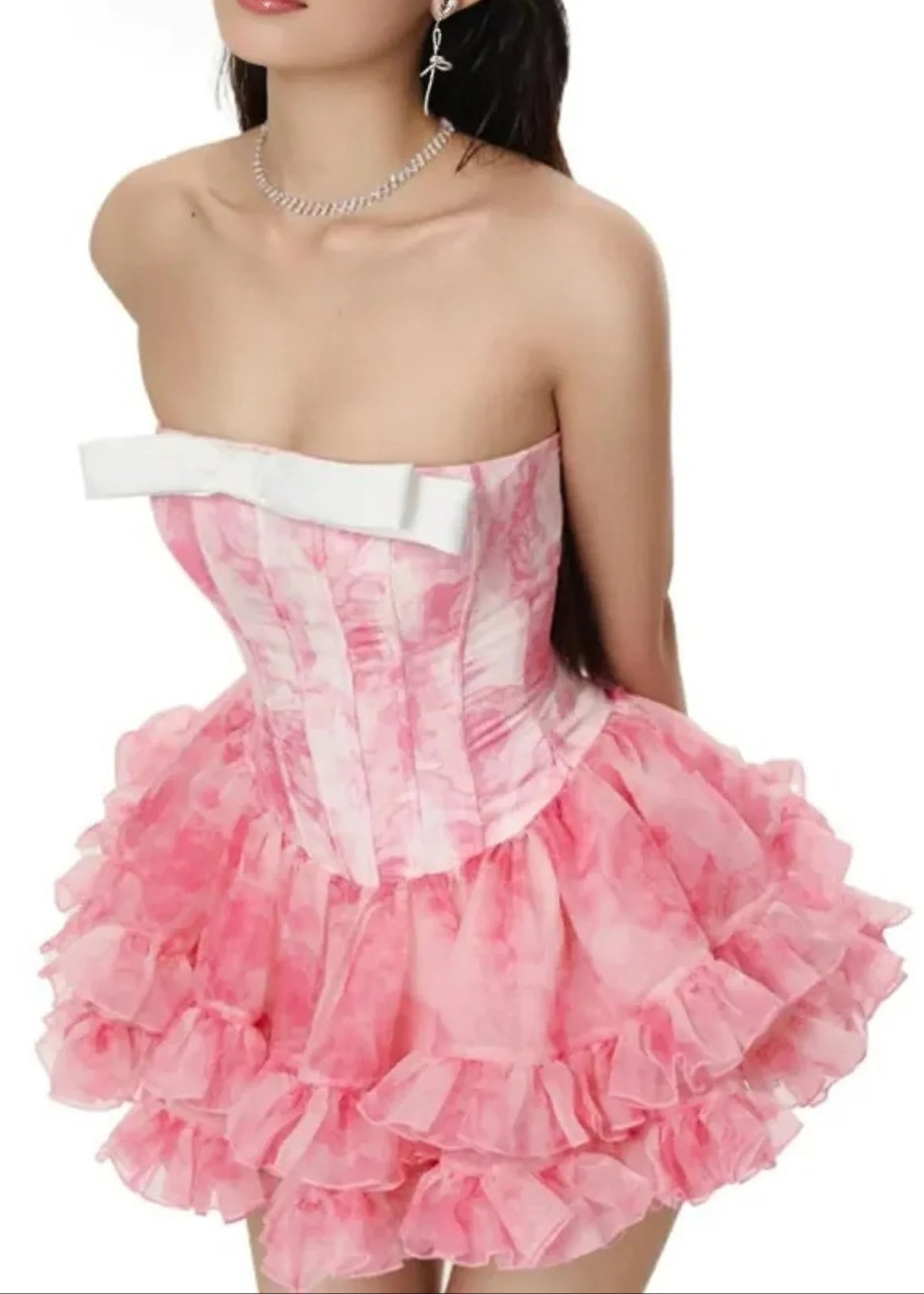 Pink Floral Bow Ruffle Mini Dress with Strapless Design