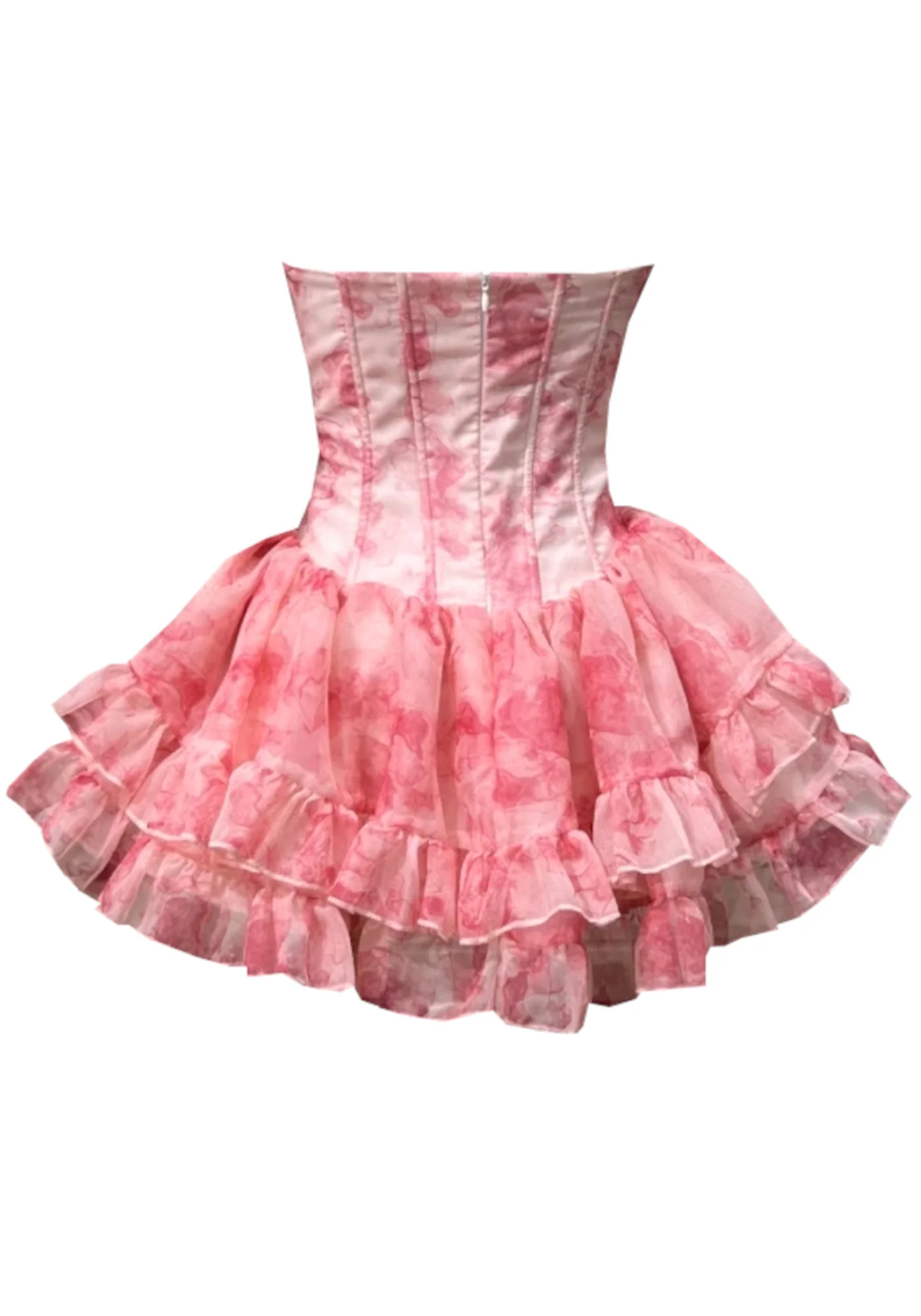 Pink Floral Bow Ruffle Mini Dress with Strapless Design