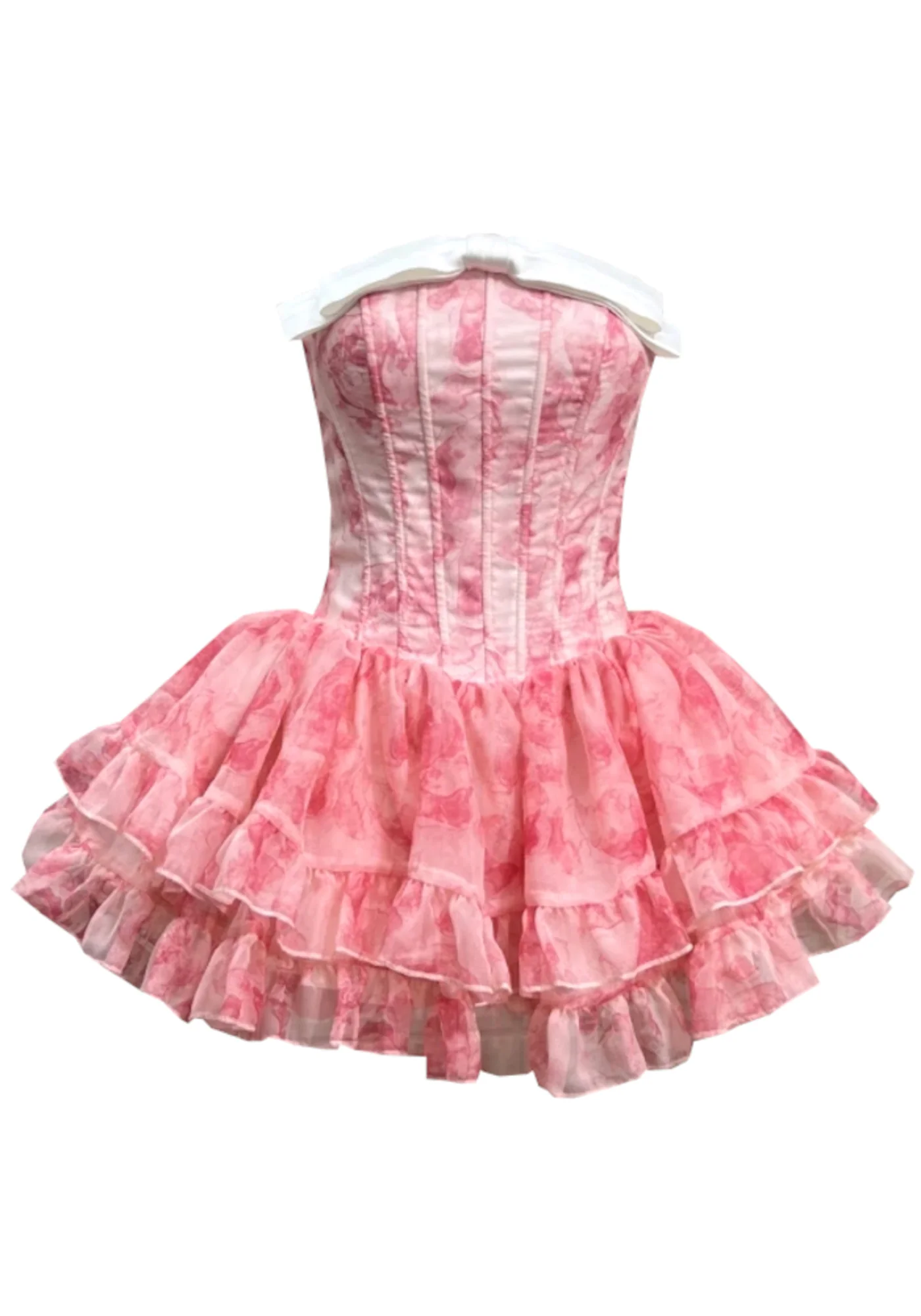 Pink Floral Bow Ruffle Mini Dress with Strapless Design