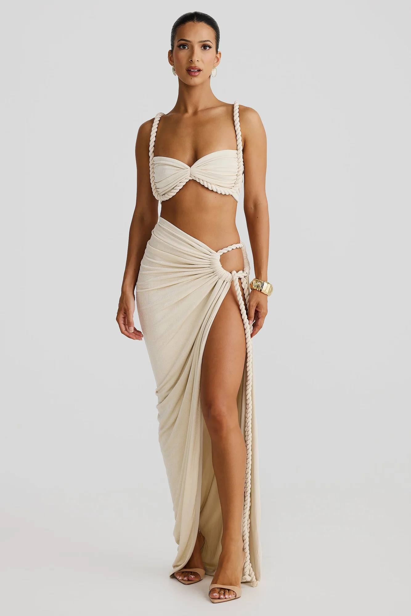 Apricot Braided Swimsuit Set with Suspender Top and Slit Skirt