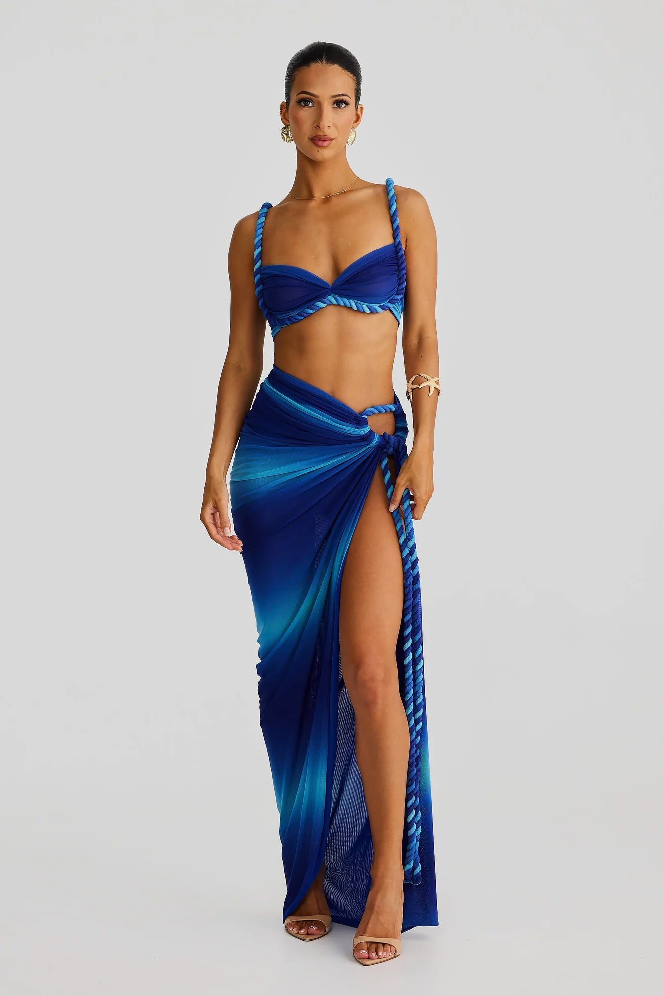 Blue Braided Suspender Swimsuit Top Set with Skirt
