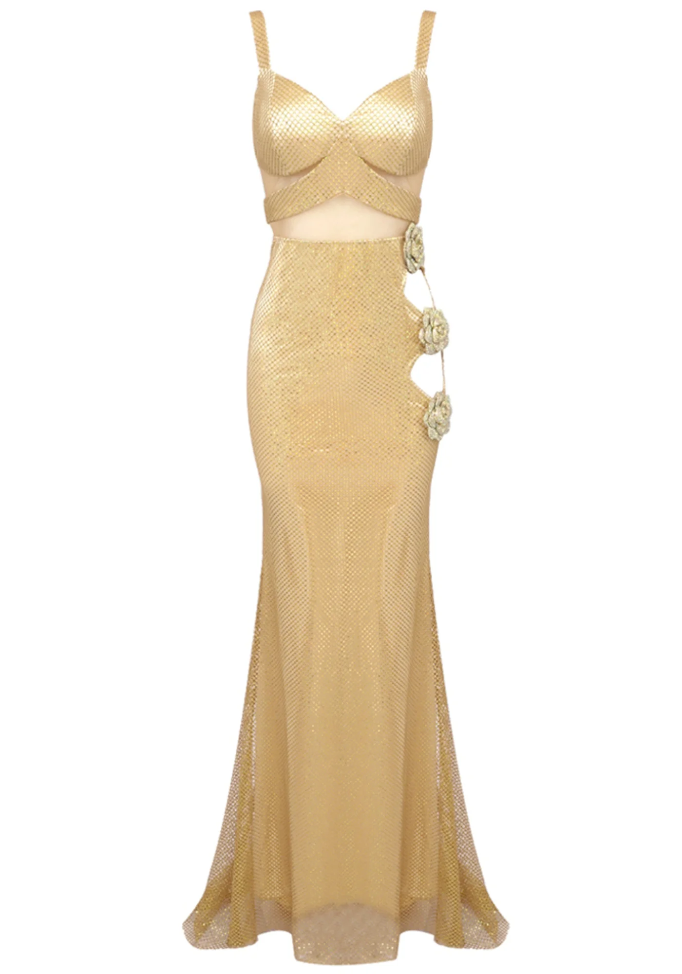 Gold Sparkly Floral Maxi Dress - V-Neck Sleeveless Glamorous