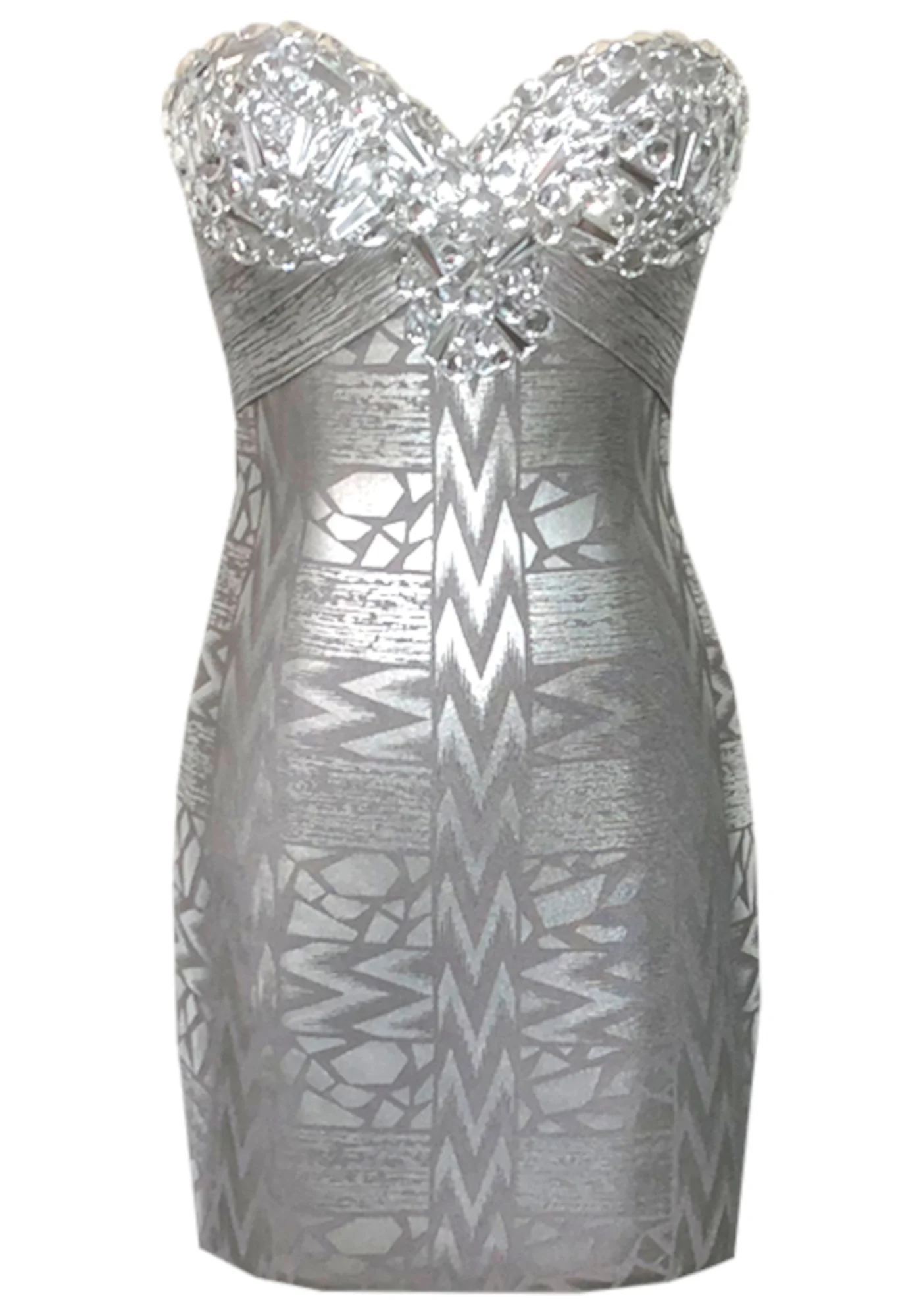Silver Woodgrain Foil Print Strapless Bustier Dress