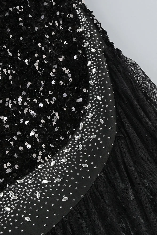 Elegant Black Sequin Lace Maxi Dress