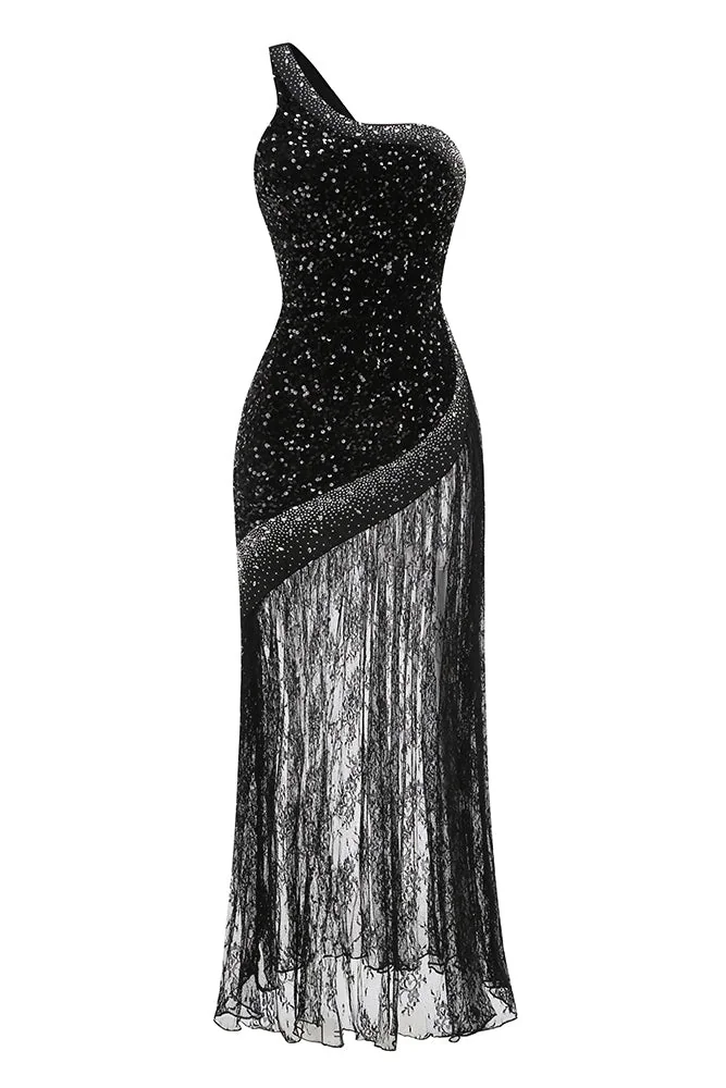 Elegant Black Sequin Lace Maxi Dress