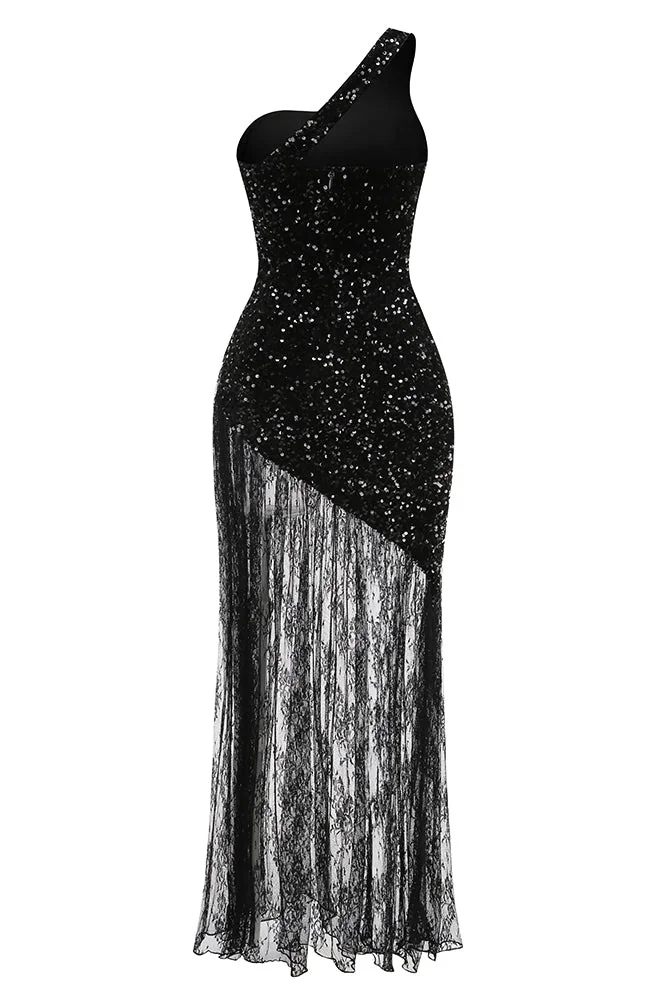 Elegant Black Sequin Lace Maxi Dress