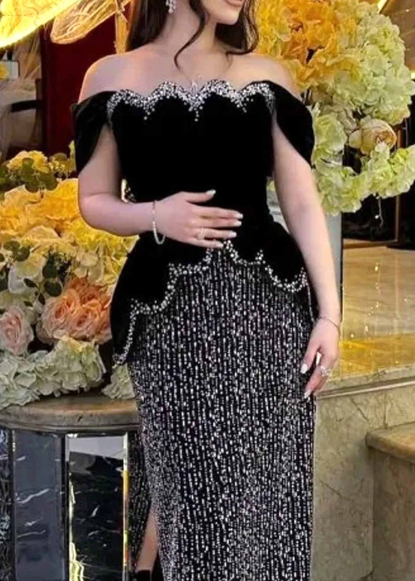 Black Crystal Pearl Off Shoulder Peplum Maxi Dress