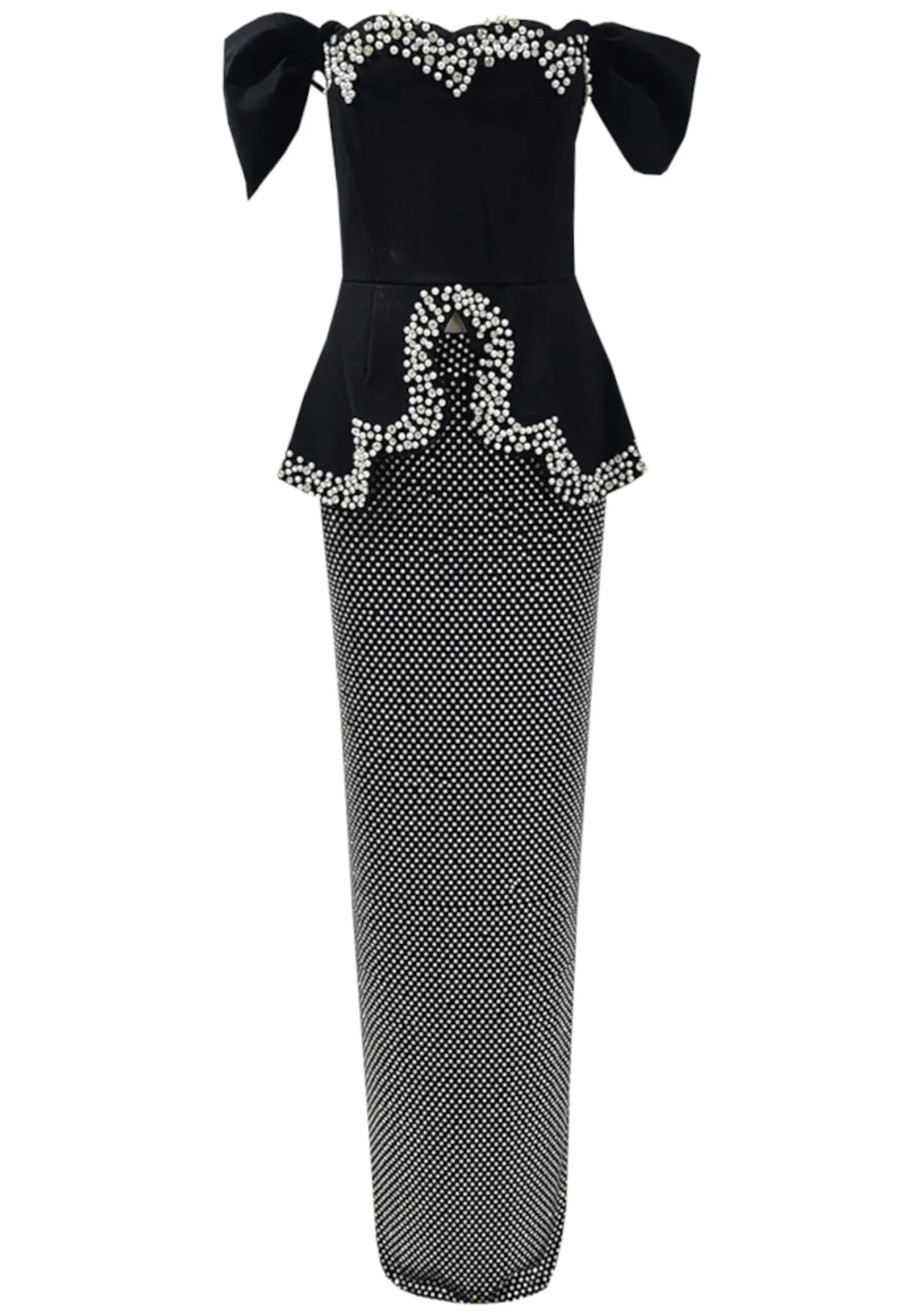 Black Crystal Pearl Off Shoulder Peplum Maxi Dress