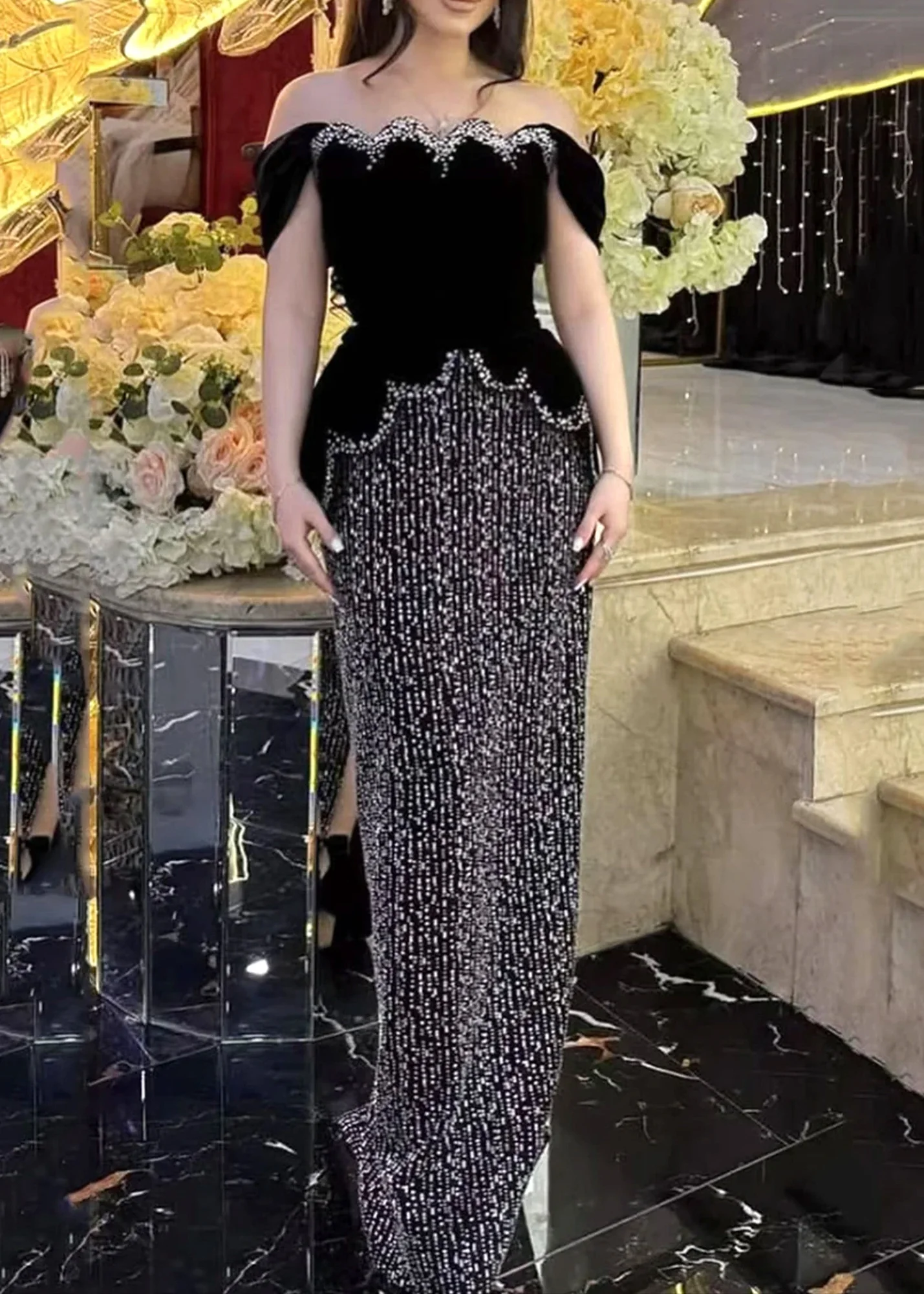 Black Crystal Pearl Off Shoulder Peplum Maxi Dress