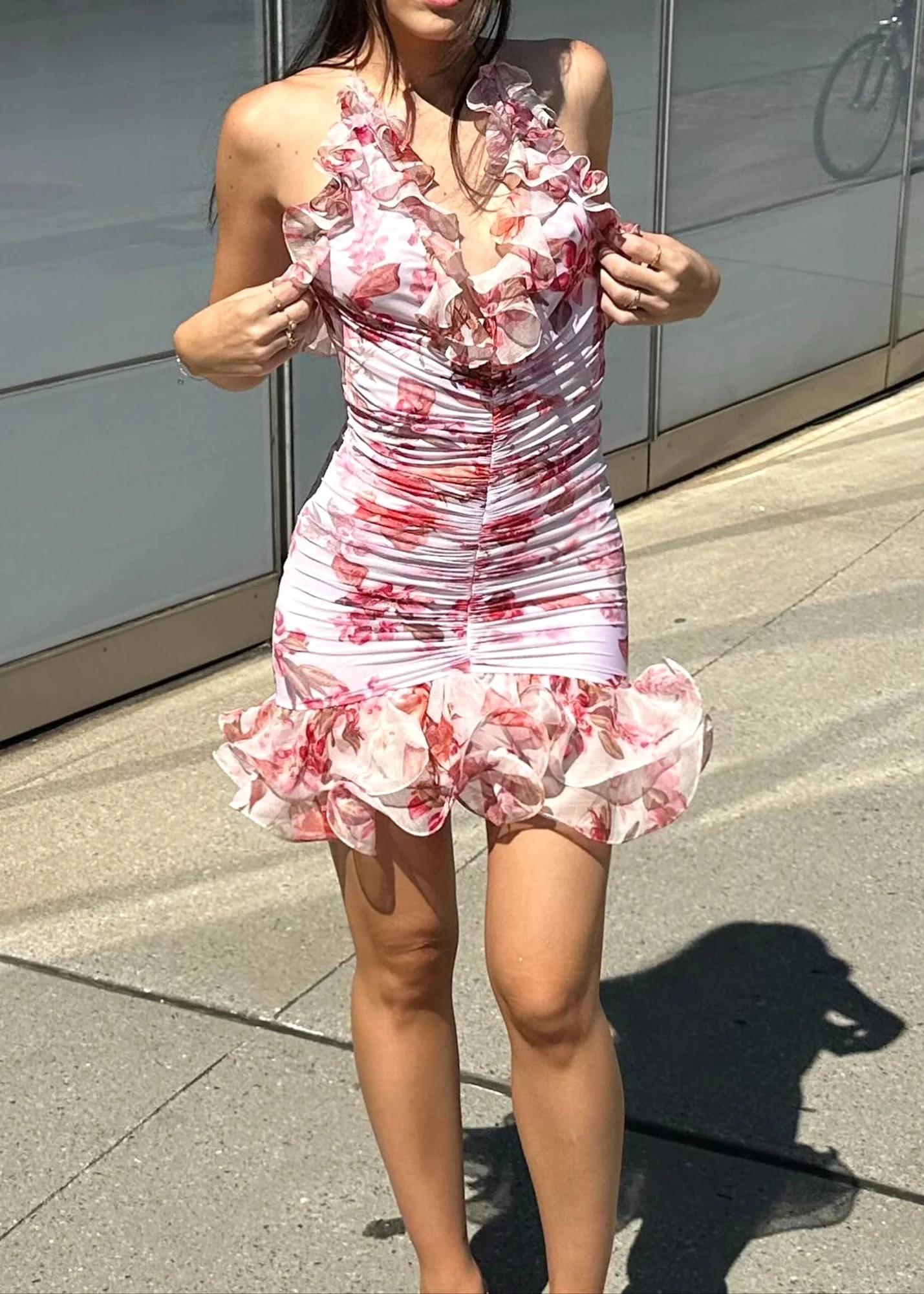 Pink Floral Ruched Mini Dress with Halterneck and Ruffle Detail