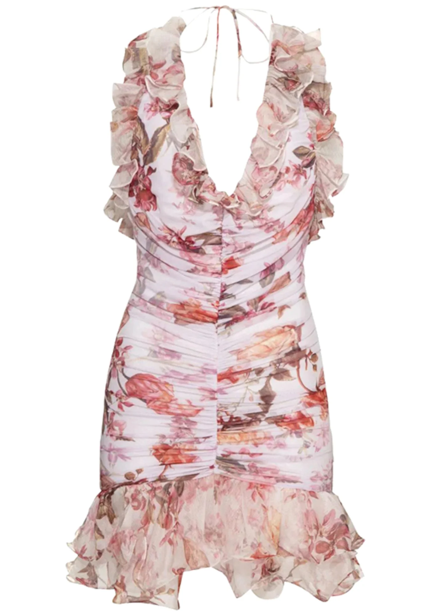 Pink Floral Ruched Mini Dress with Halterneck and Ruffle Detail