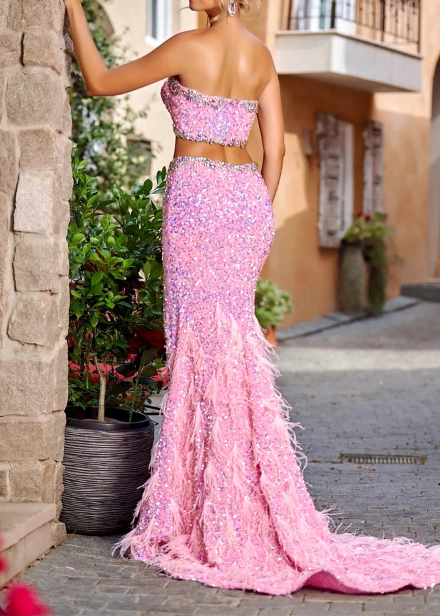 Pink Strapless Sequin Maxi Dress with Crystal Embellishments