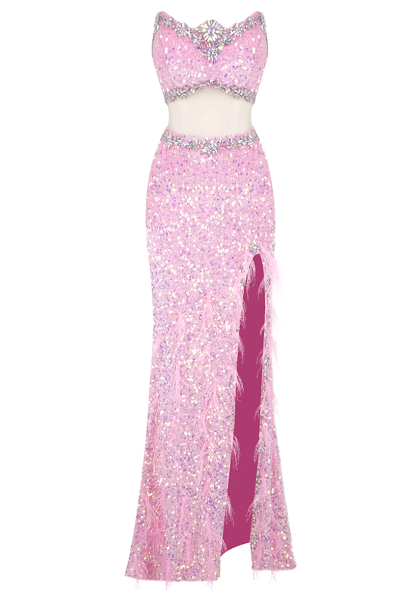 Pink Strapless Sequin Maxi Dress with Crystal Embellishments