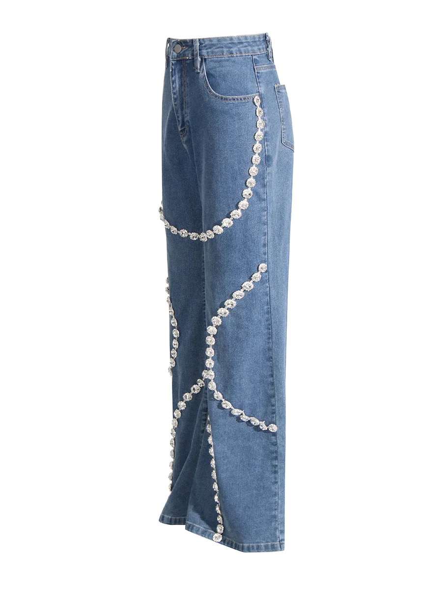Blue Rhinestone Embellished Denim Jeans - Elegant and Luxurious