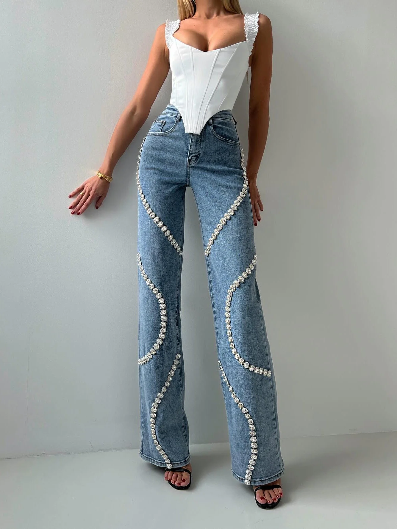 Blue Rhinestone Embellished Denim Jeans - Elegant and Luxurious