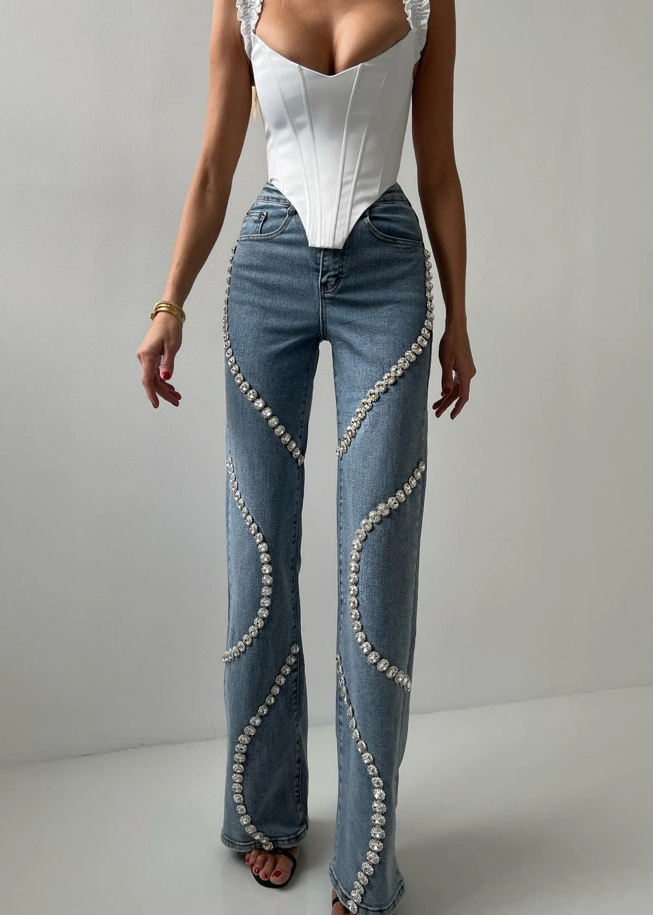 Blue Rhinestone Embellished Denim Jeans - Elegant and Luxurious