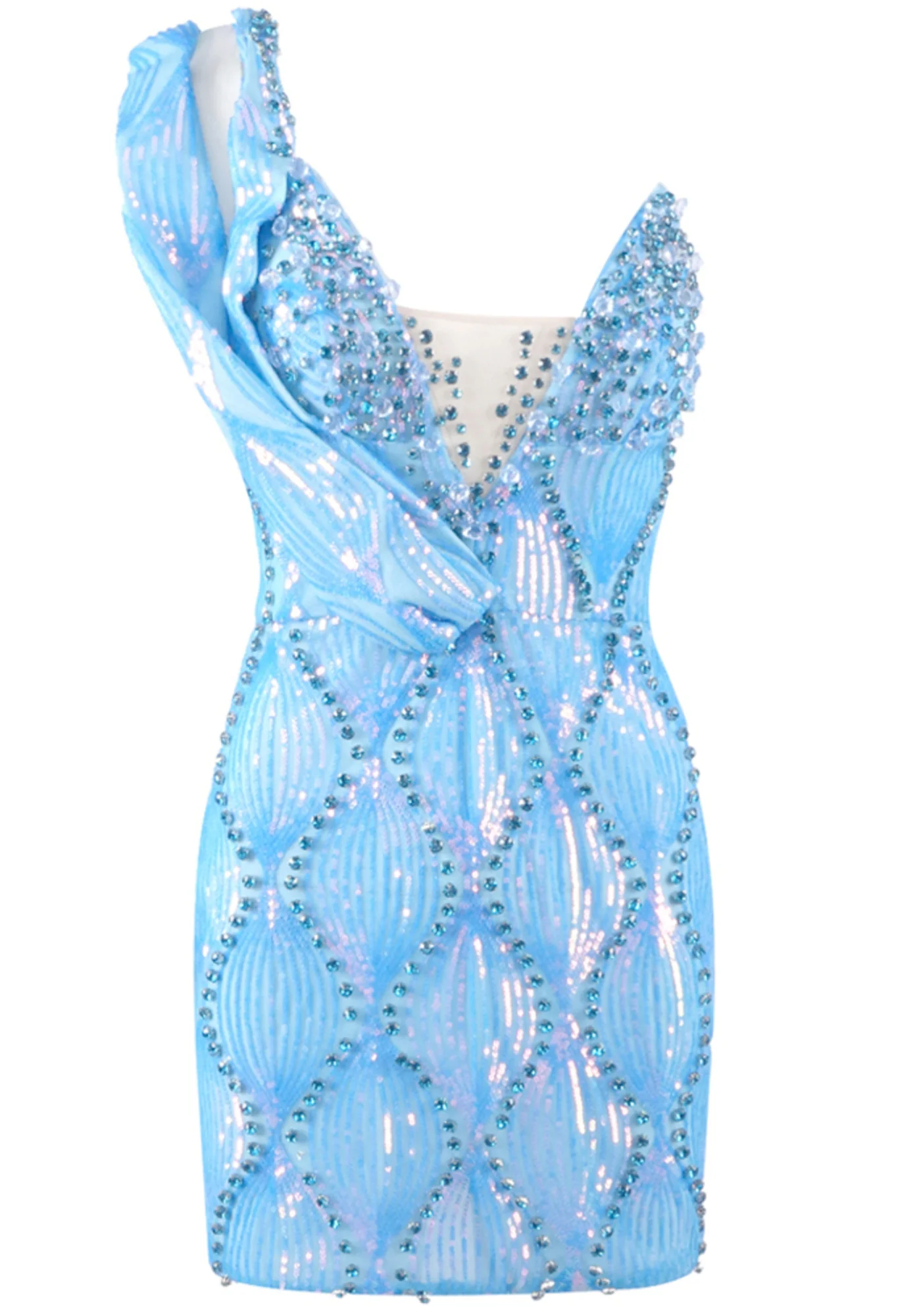 Blue Crystal Embellished One Shoulder Mini Dress