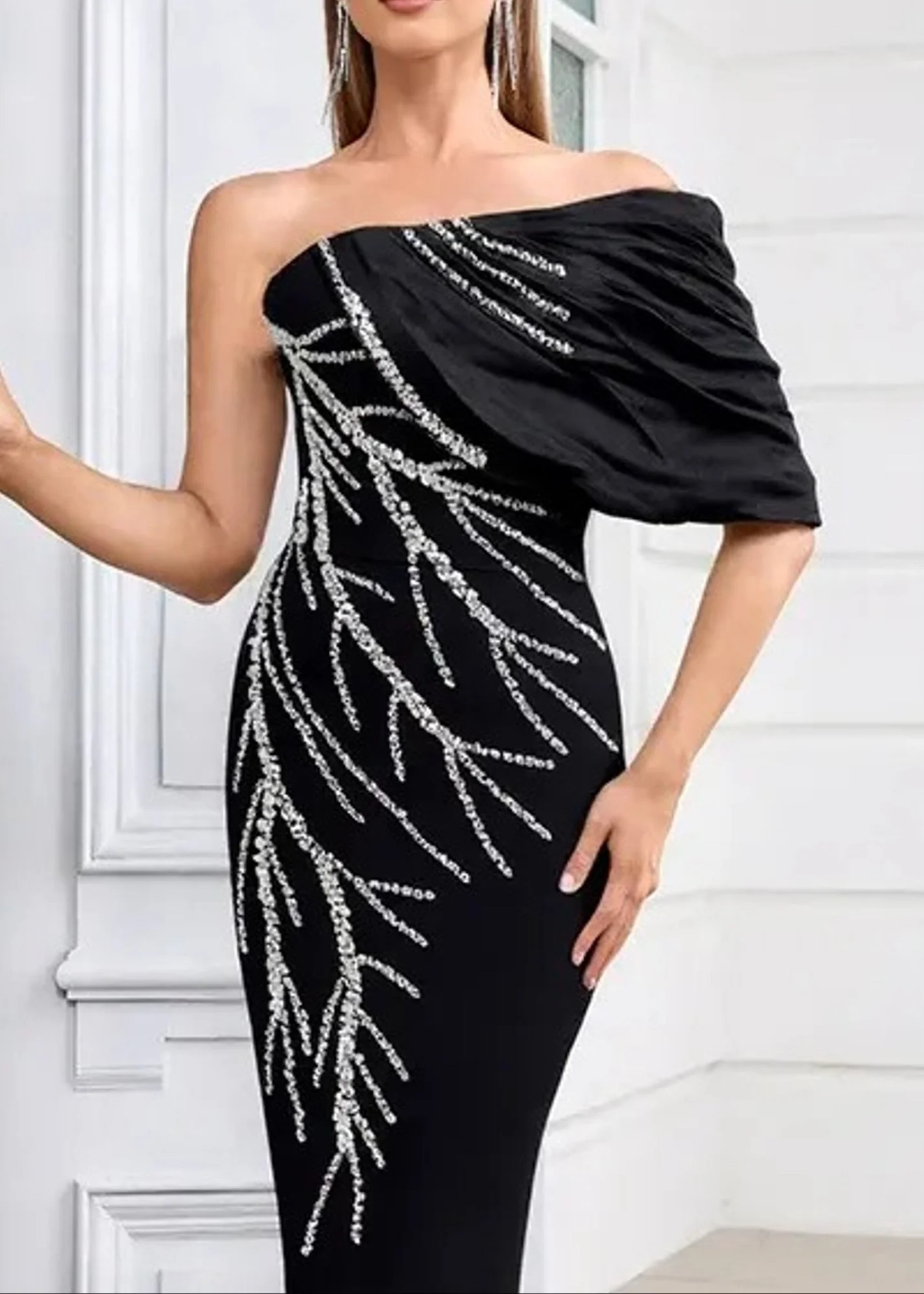 Black Crystal Pearl Asymmetric Maxi Dress