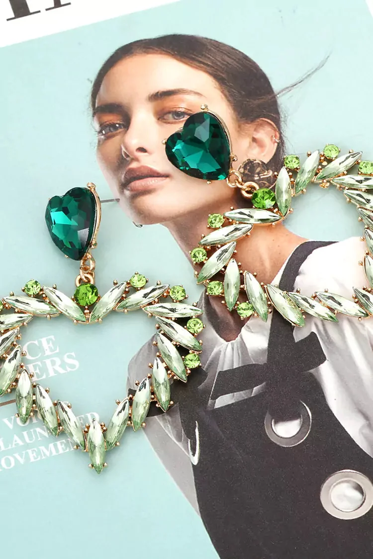 Green Heart Diamante Crystal Earrings - Sparkling Fashion Jewelry
