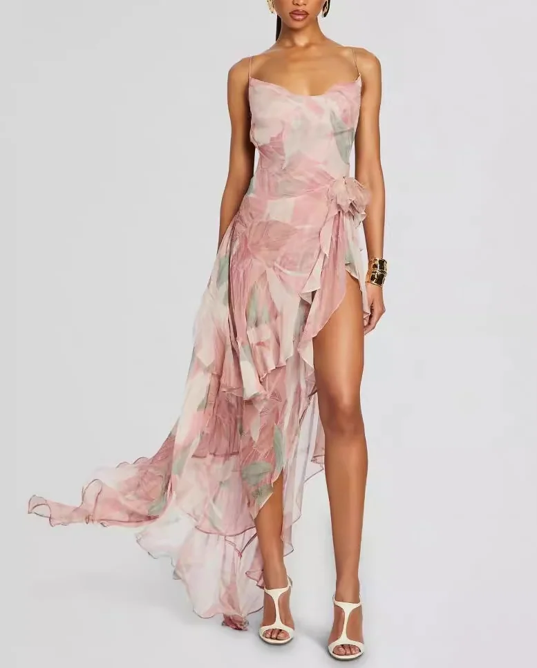 Pink Silk Ruffled Floral Print Midi Dress