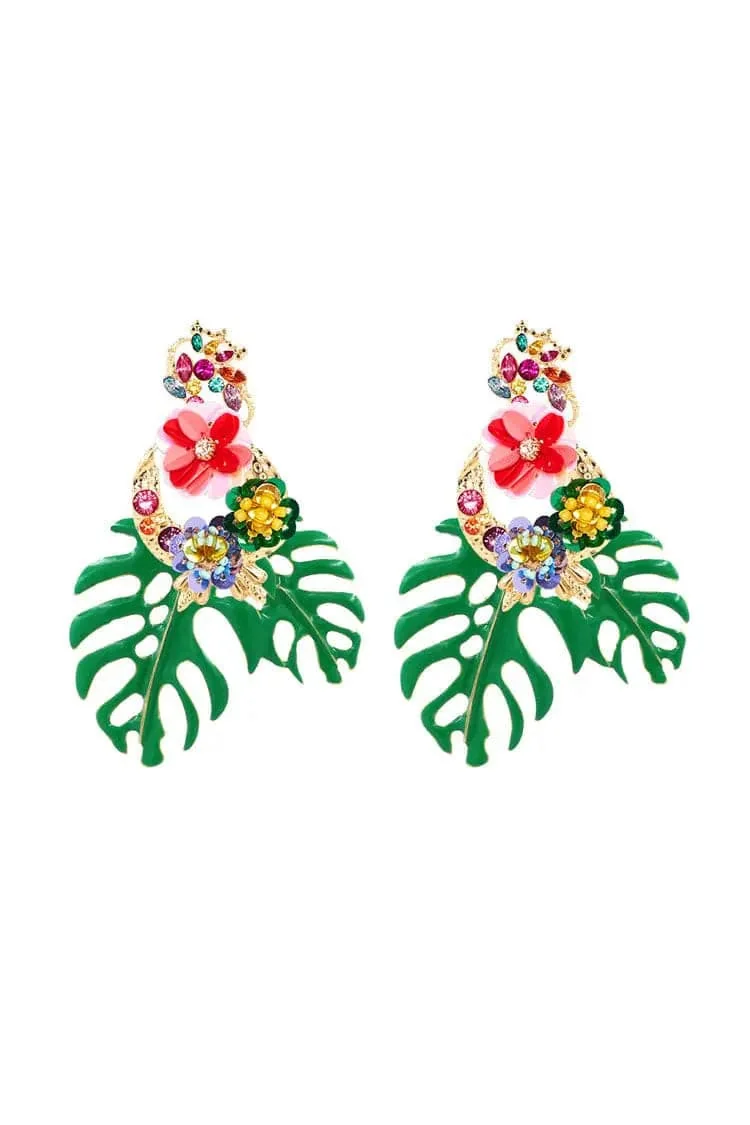 Leaf Design Floral Earrings - Green