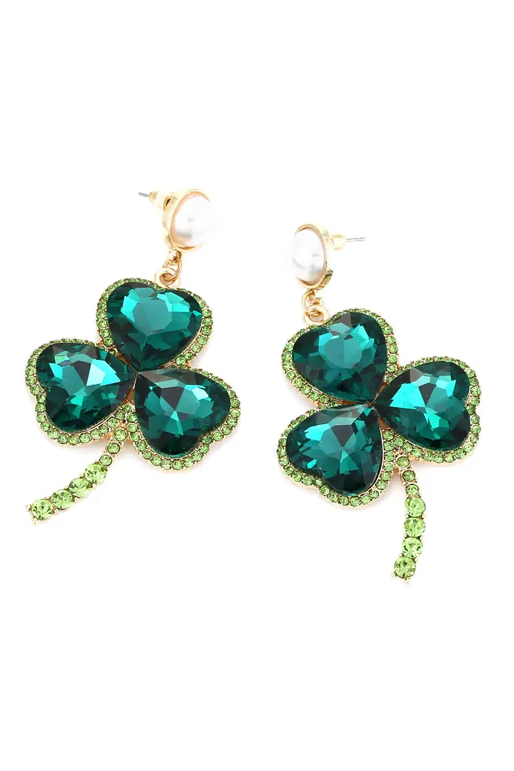 Emerald Clover Gemstone Earrings - Green One Size