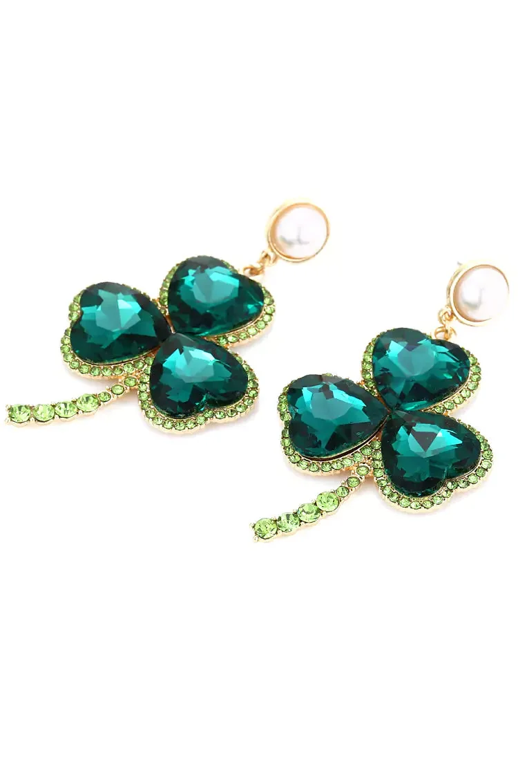 Emerald Clover Gemstone Earrings - Green One Size