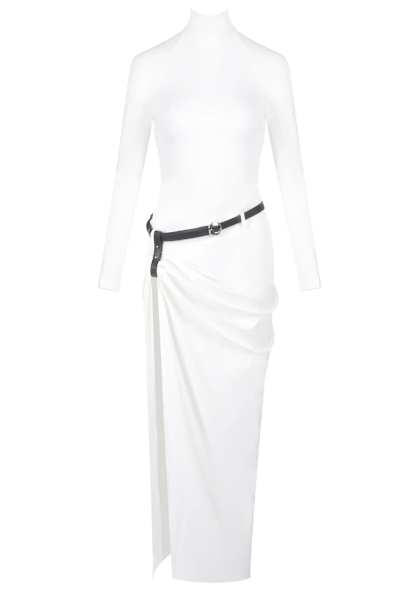 White Mock Neck Long Sleeve Belted Maxi Dress