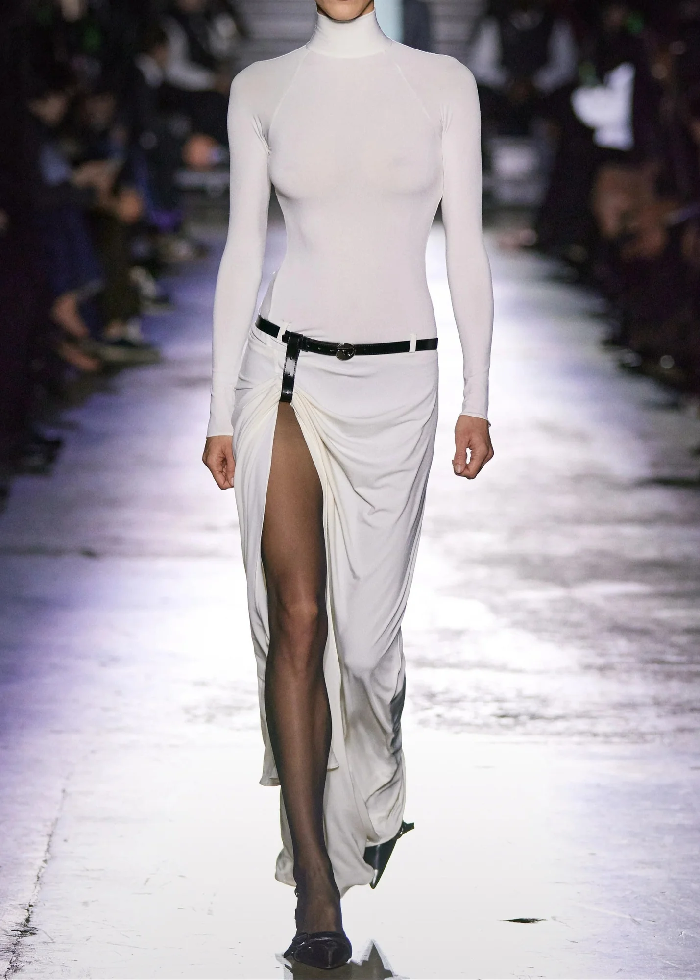 White Mock Neck Long Sleeve Belted Maxi Dress