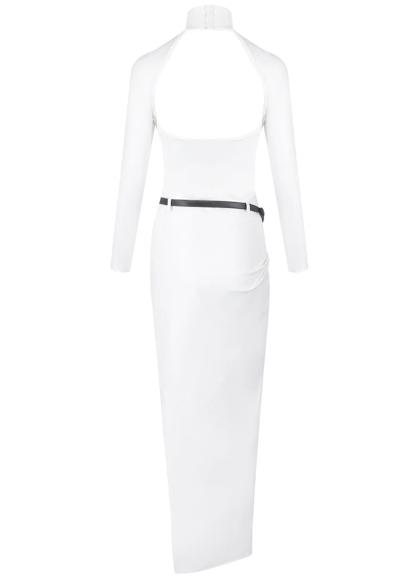 White Mock Neck Long Sleeve Belted Maxi Dress
