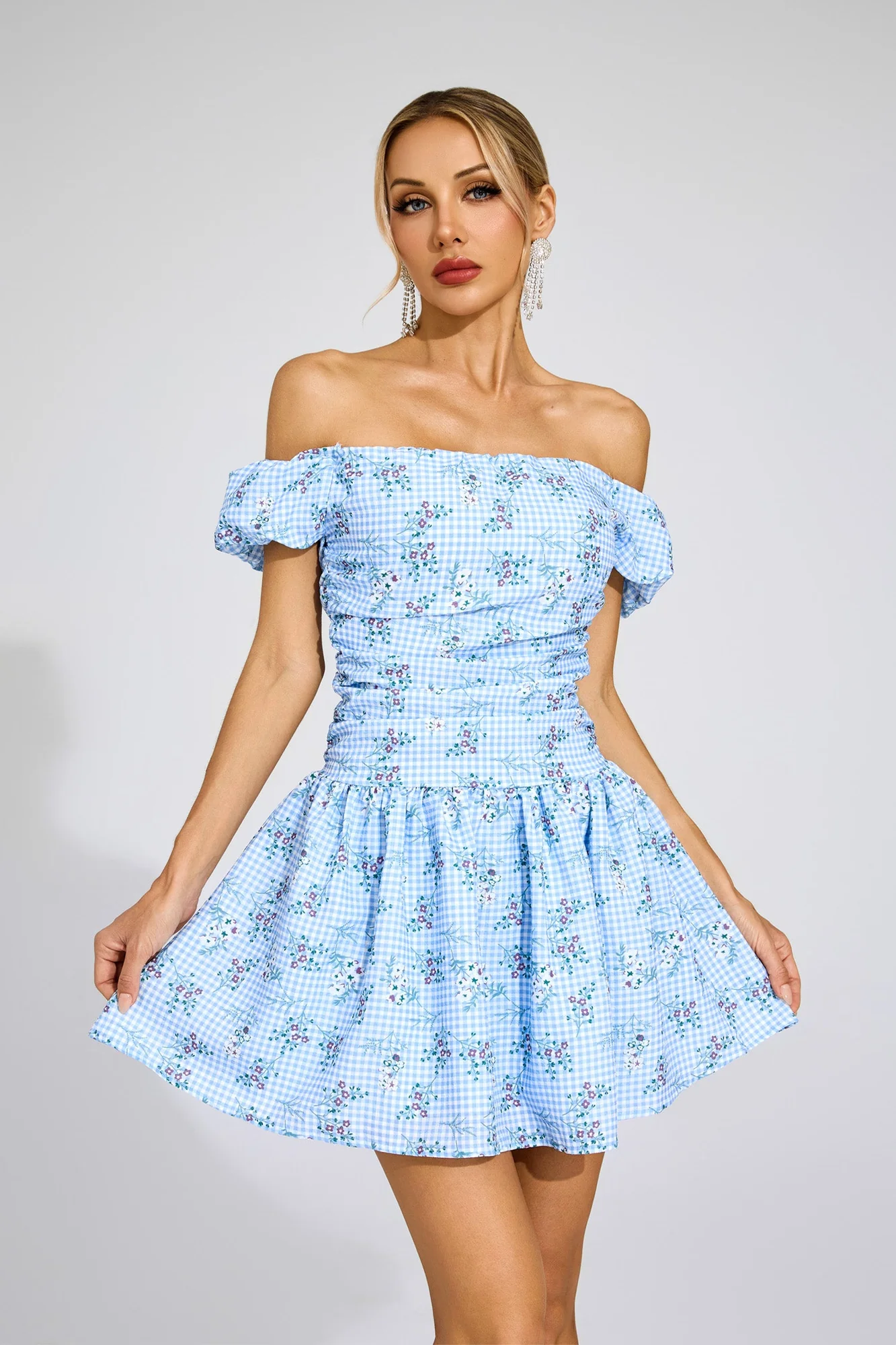Floral Off Shoulder Mini Dress - Elegant Blue Ruched Detailing