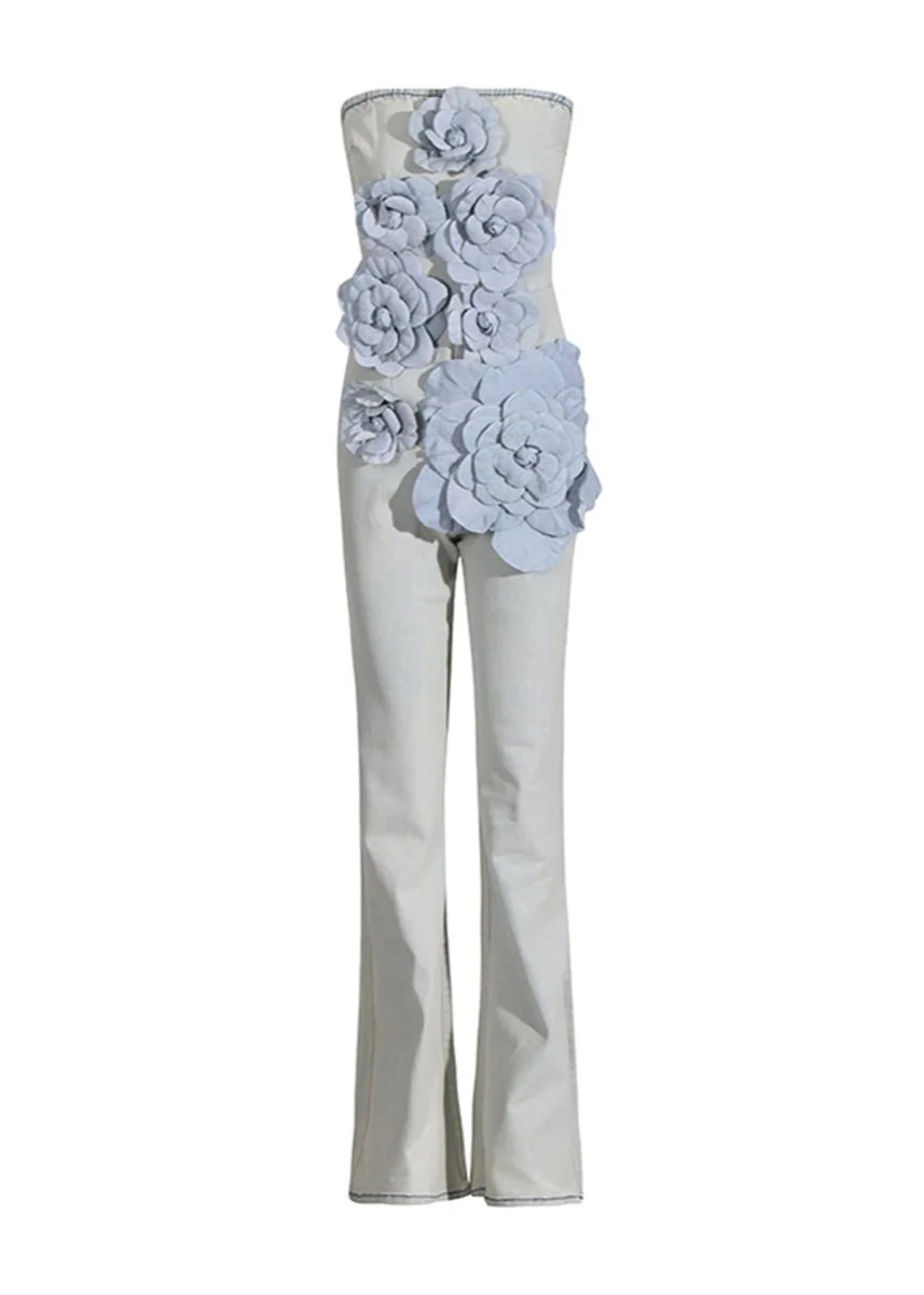 Floral Denim Jumpsuit with 3D Floral Details