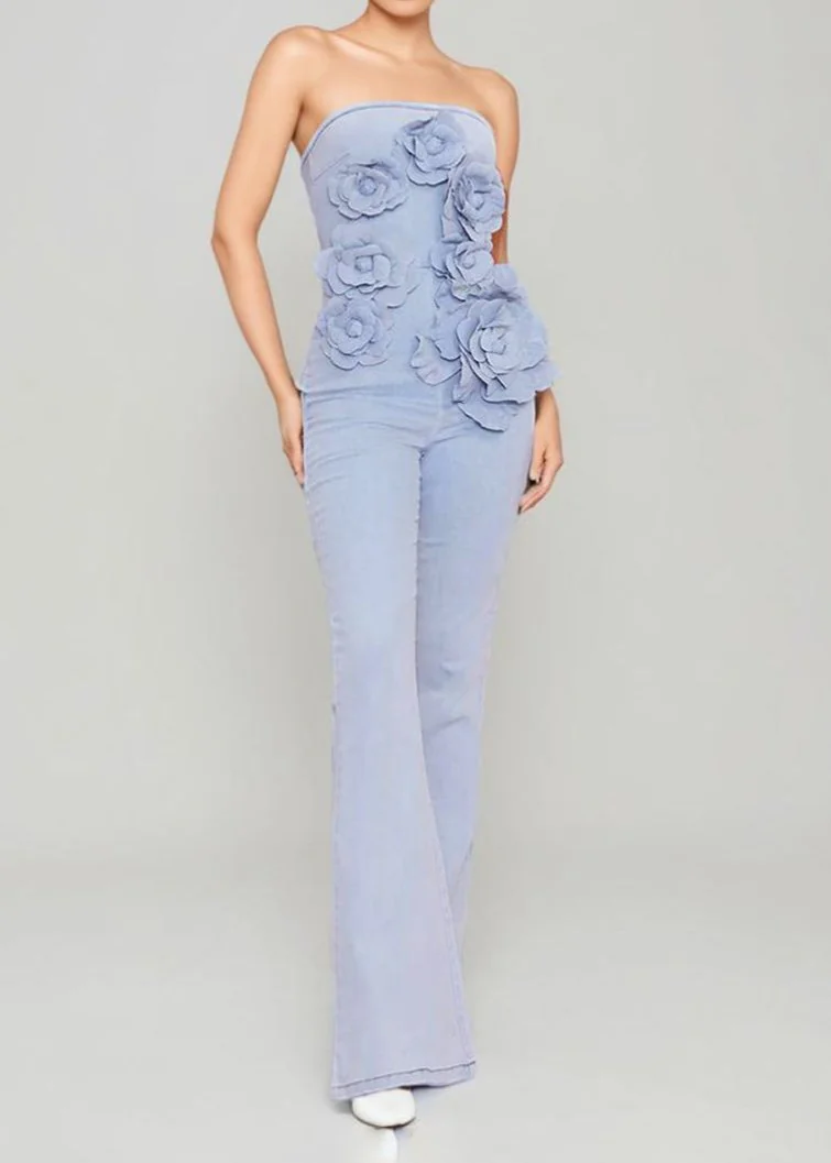 Floral Denim Jumpsuit with 3D Floral Details