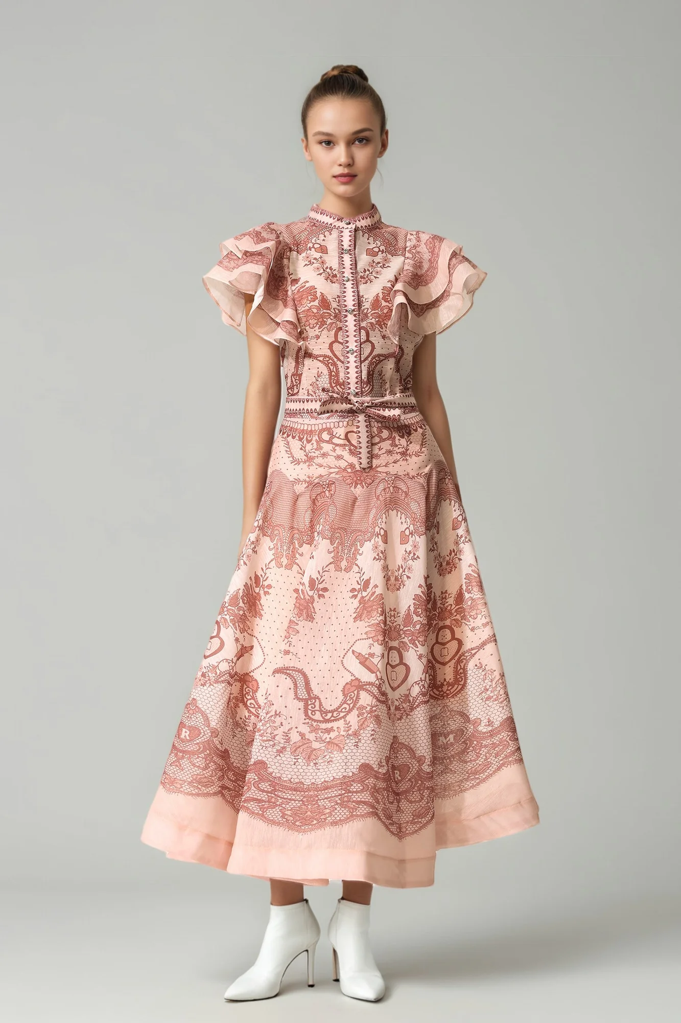 Pink Floral Print Two-Piece Set Womens High-Waist Skirt Flutter Sleeve