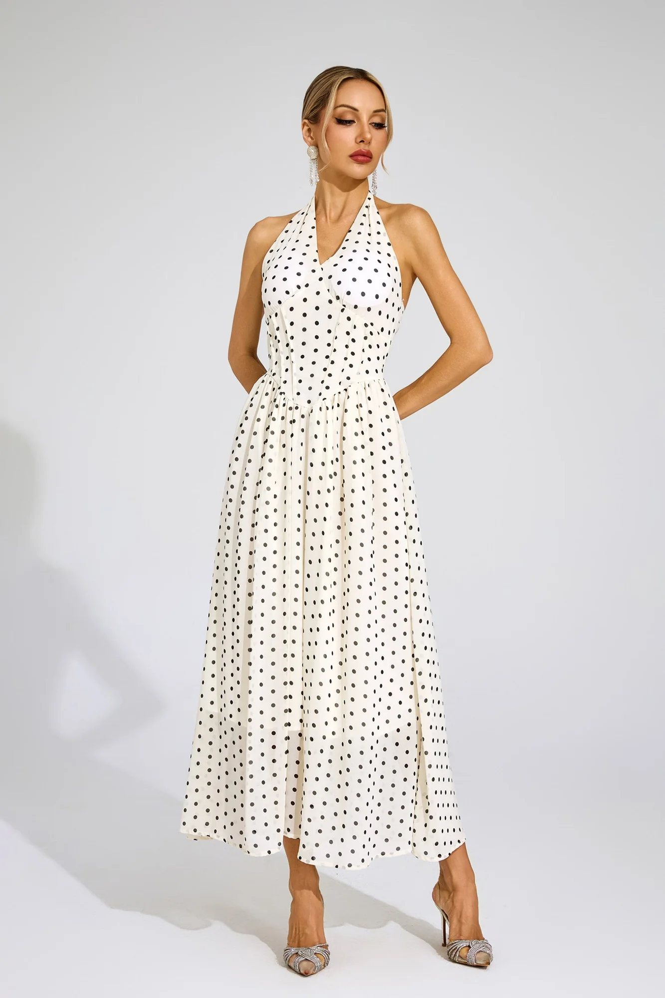 White Polka Dot Halter Midi Dress - Elegant Chic Design