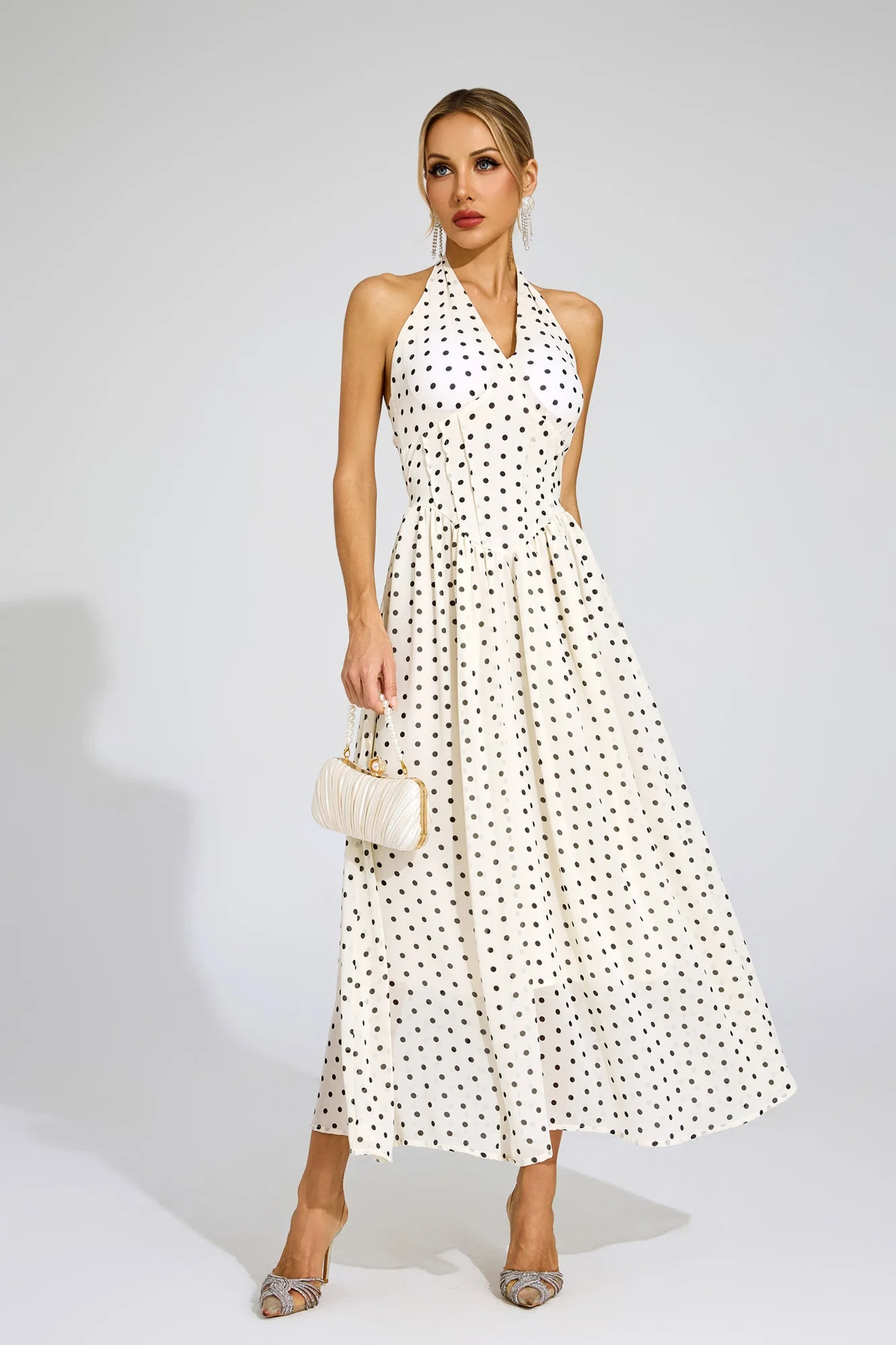 White Polka Dot Halter Midi Dress - Elegant Chic Design