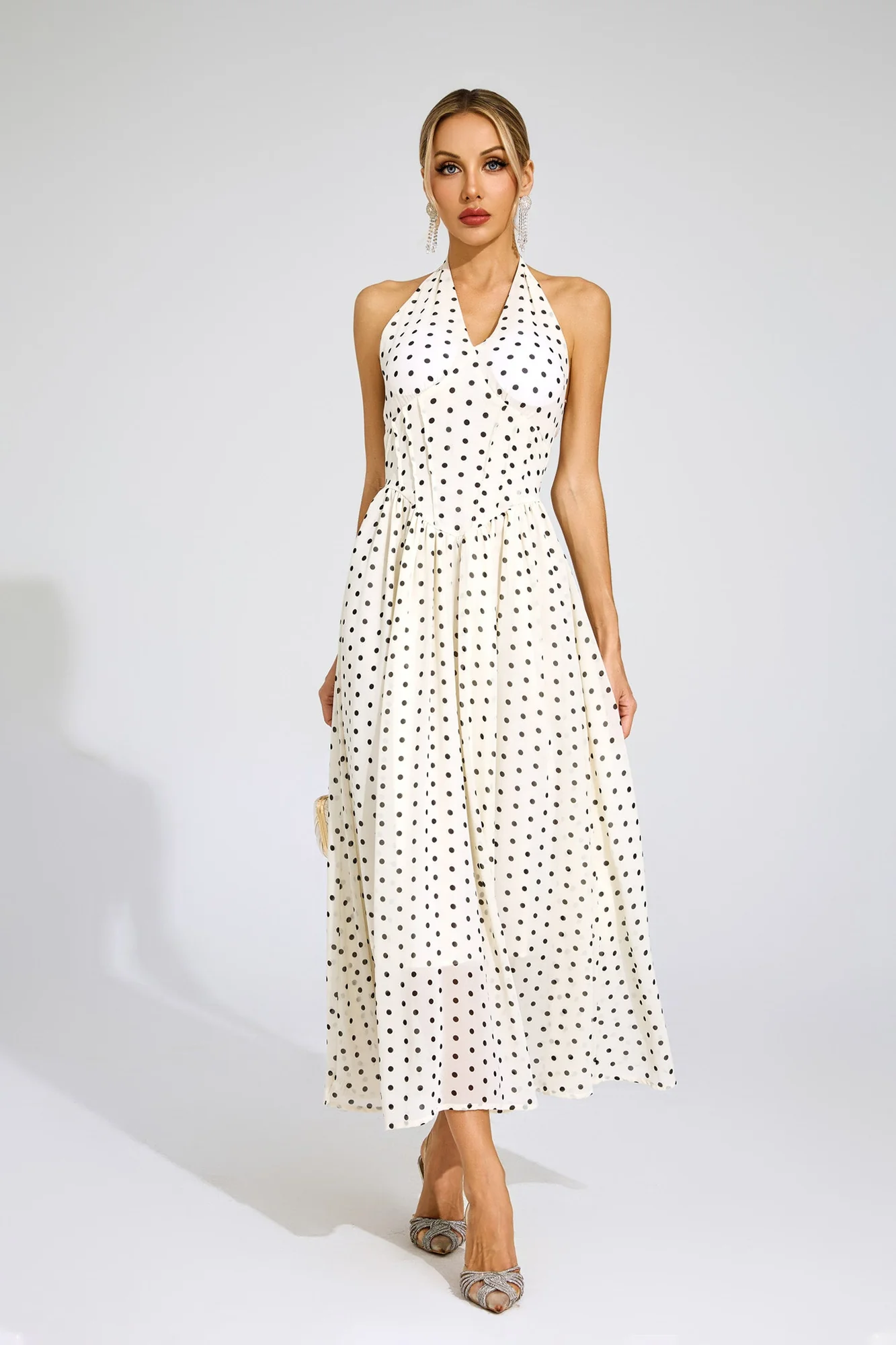 White Polka Dot Halter Midi Dress - Elegant Chic Design