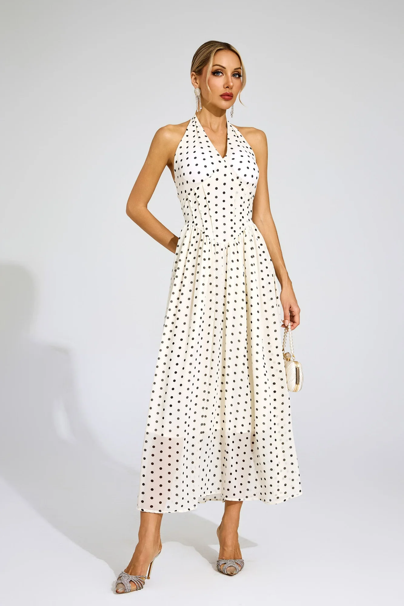 White Polka Dot Halter Midi Dress - Elegant Chic Design