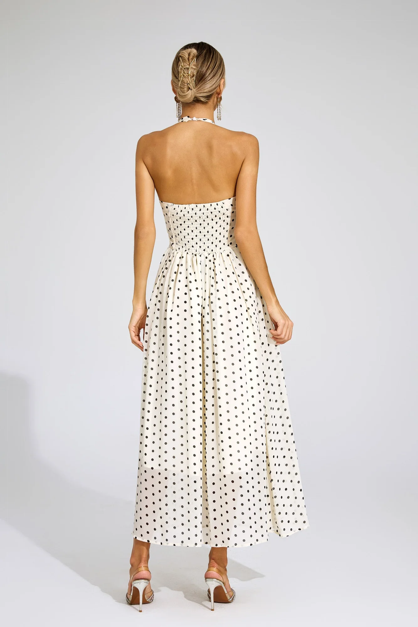 White Polka Dot Halter Midi Dress - Elegant Chic Design