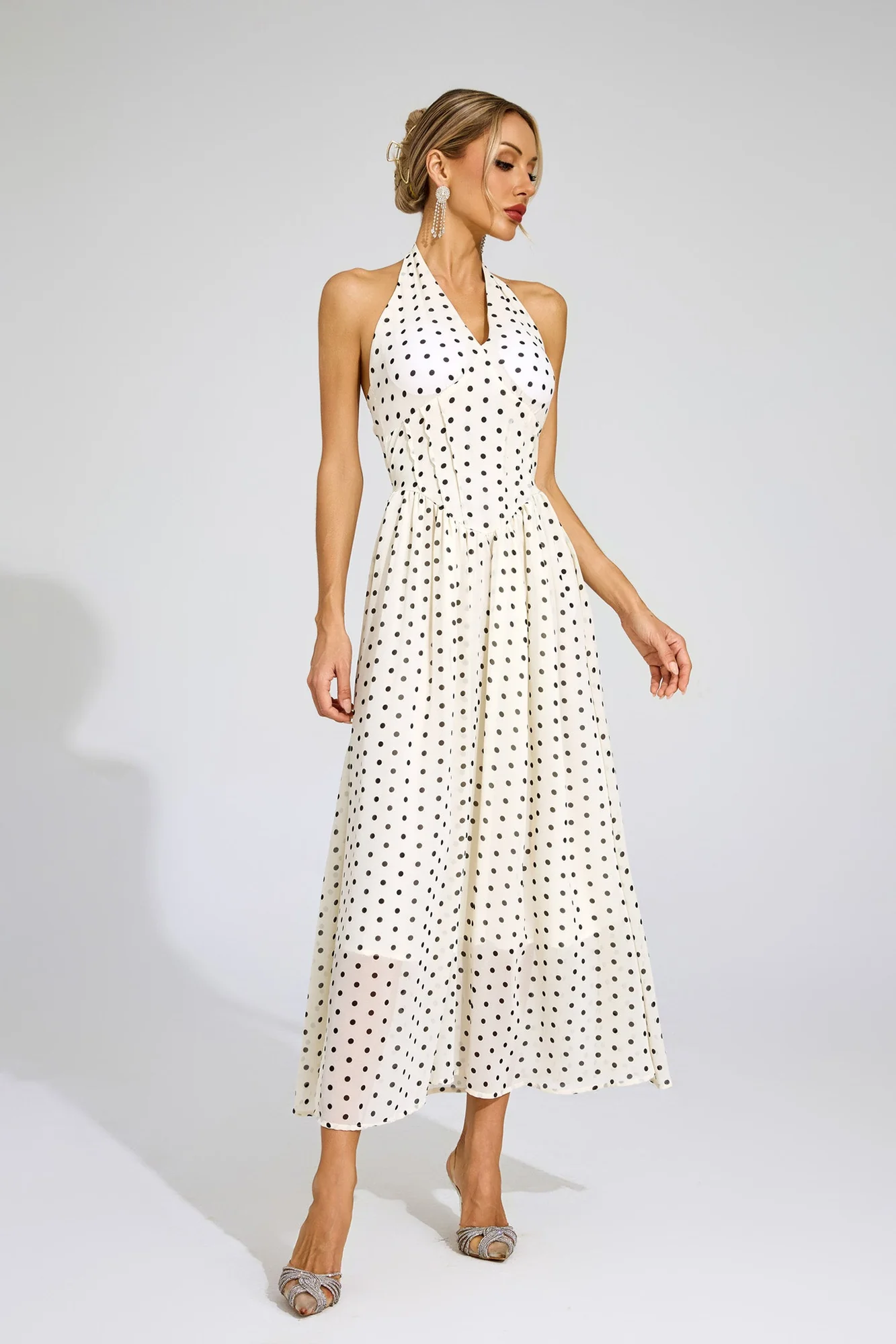 White Polka Dot Halter Midi Dress - Elegant Chic Design