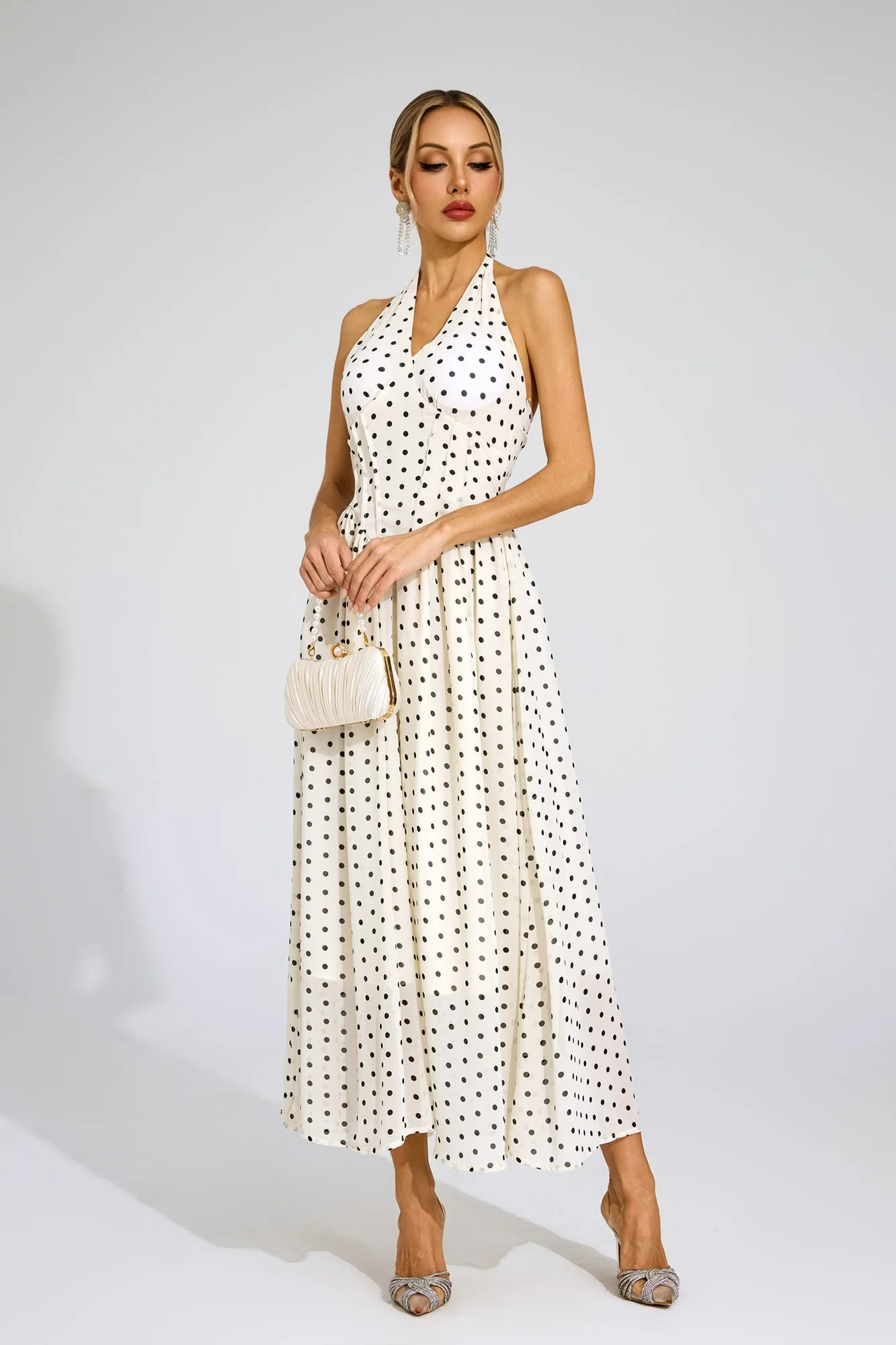 White Polka Dot Halter Midi Dress - Elegant Chic Design