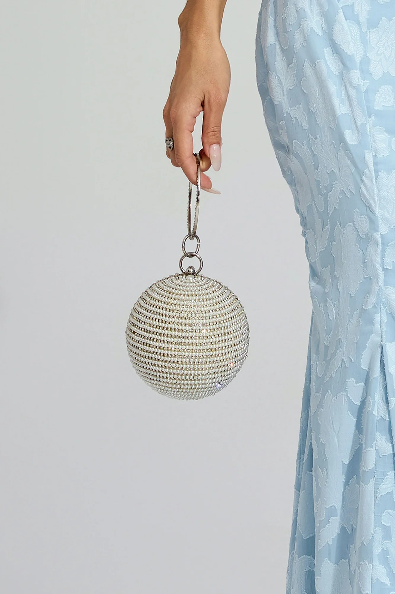 Silver Spherical Clutch Bag with Chain Strap