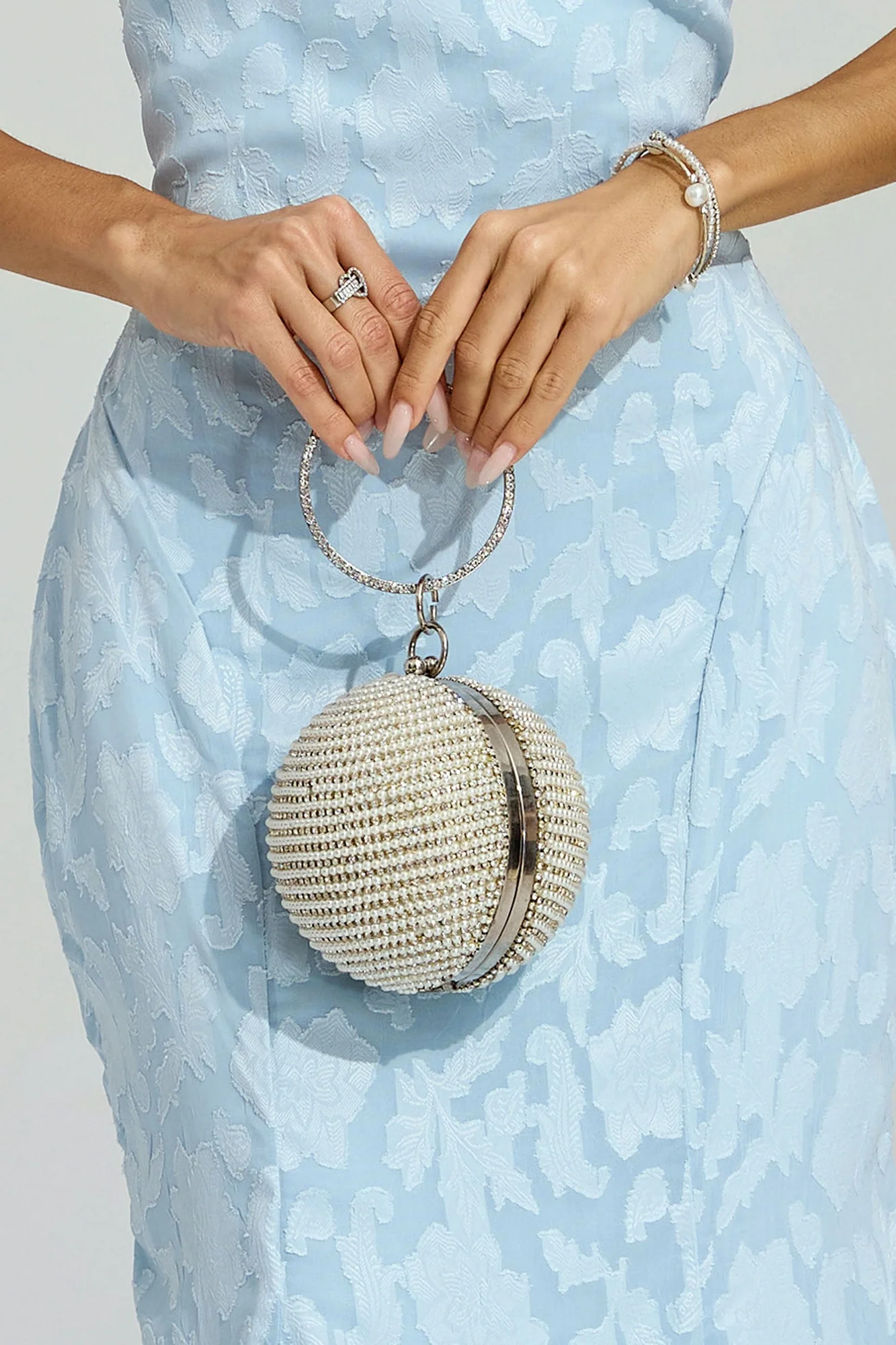 Silver Spherical Clutch Bag with Chain Strap