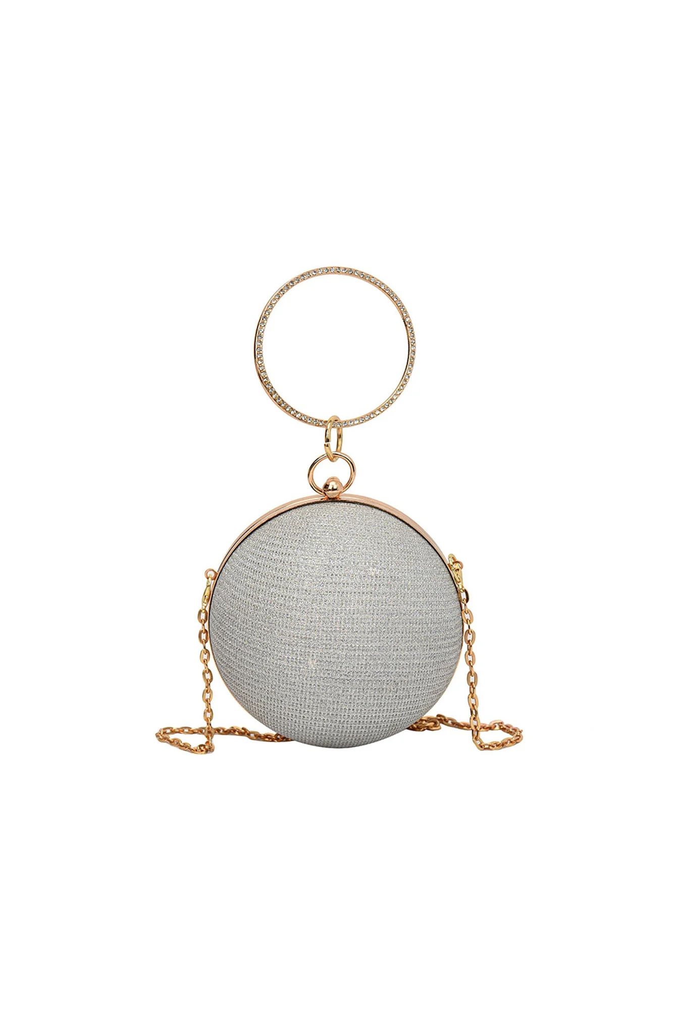 Silver Spherical Clutch Bag with Chain Strap