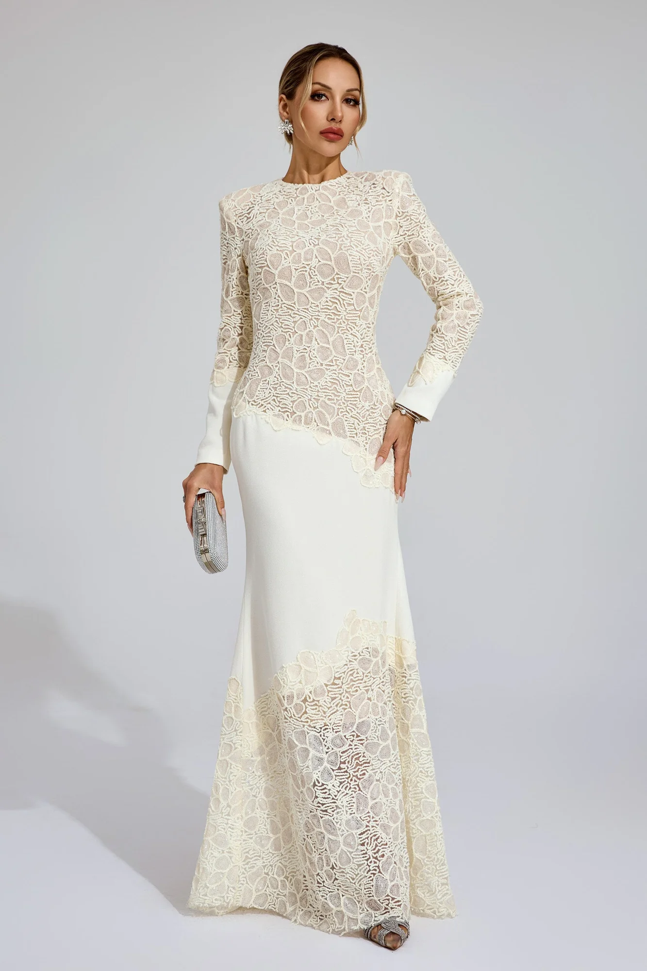 Beige Embroidered Maxi Dress - Elegant Lace Long Sleeve Gown