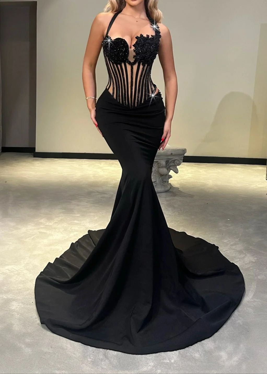 Black Sequin Floral Velvet Maxi Dress - Elegant Halterneck Design