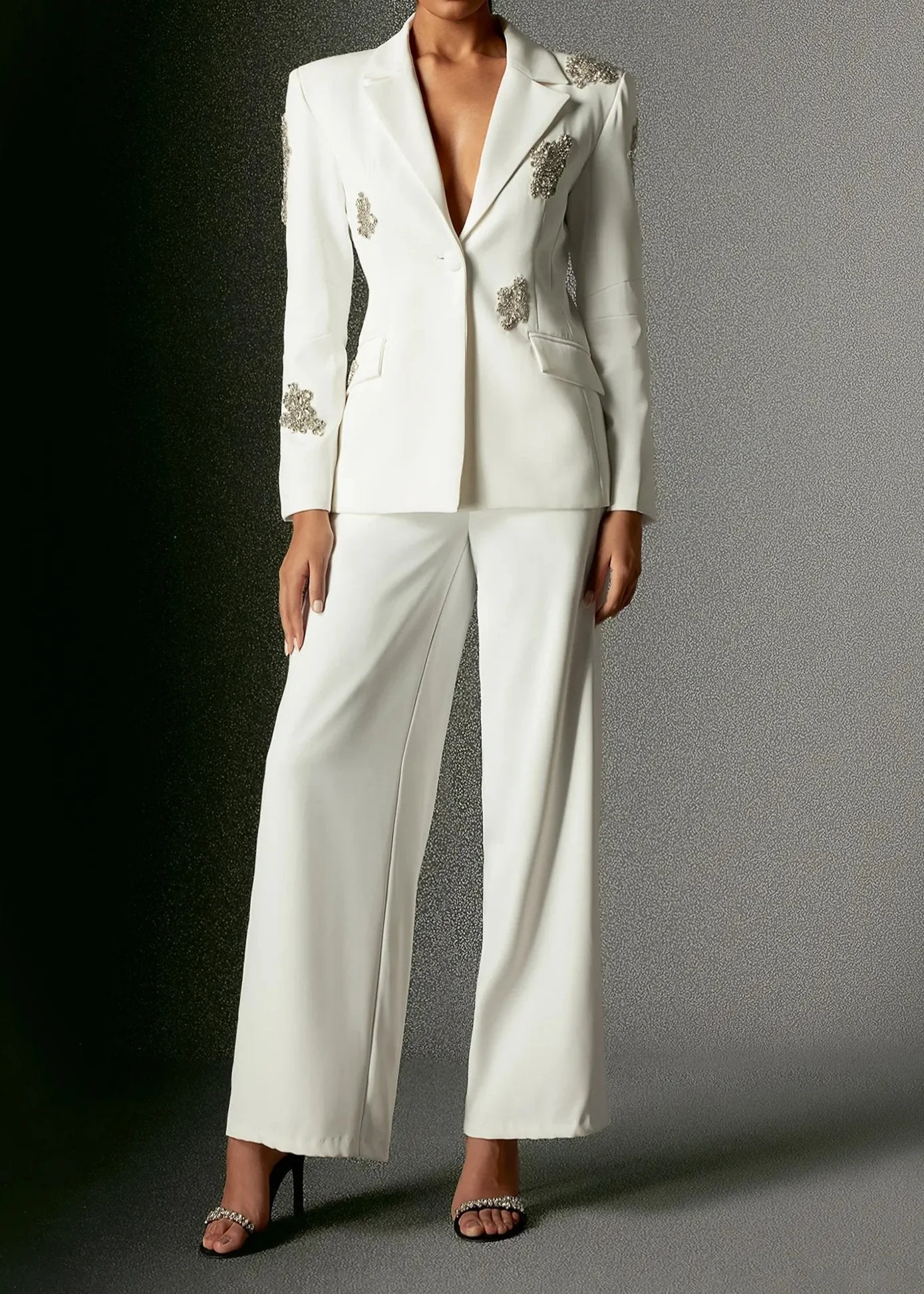 White Rhinestones Embellished Blazer Set - Elegant Statement Piece