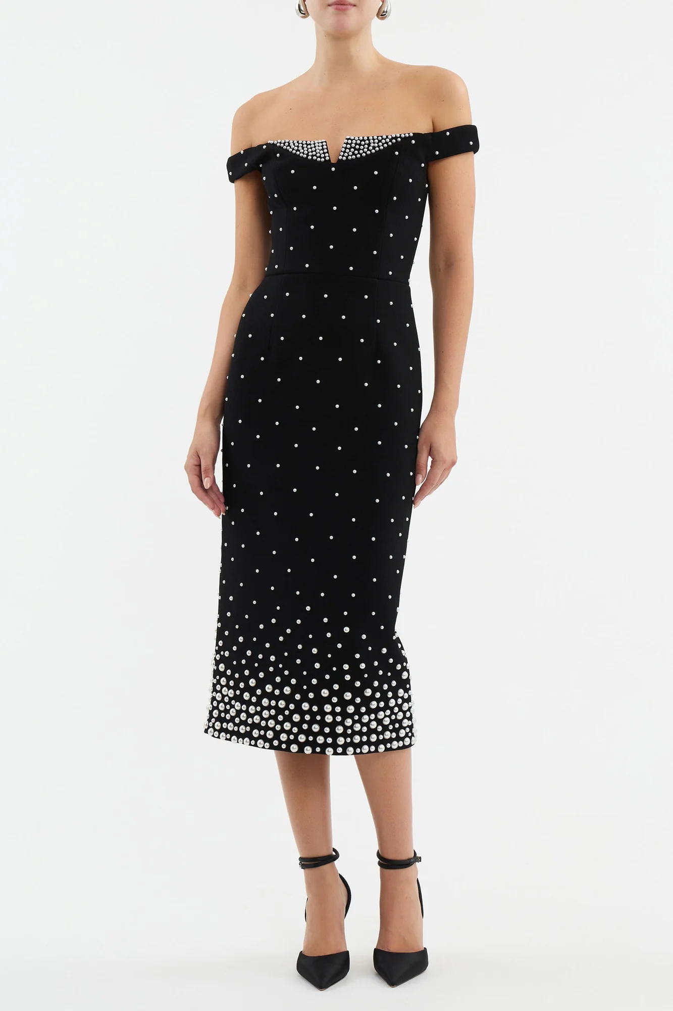 Black Pearl Polka Dot V-Wire Midi Dress - Elegant Evening Attire